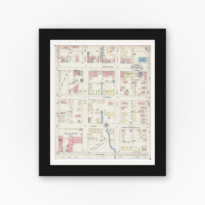 Old map wall art mockup — black gallery frame with white mat — Sanborn Fire Insurance Map from Hannibal, Marion County, Missouri (1885), Sheet #0008