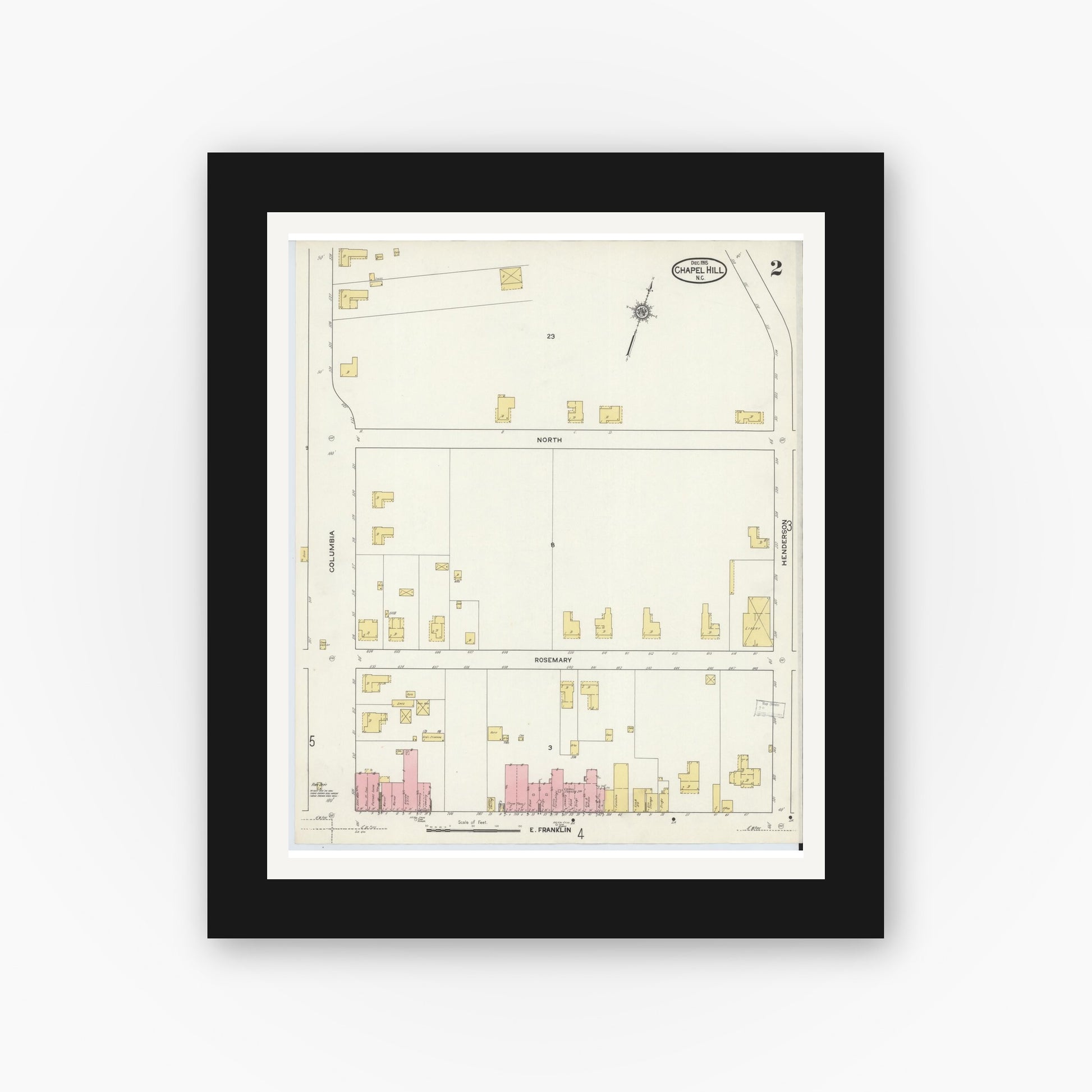Old map wall art mockup — black gallery frame with white mat — Sanborn Fire Insurance Map from Chapel Hill, Orange County, North Carolina (1915), Sheet #0002