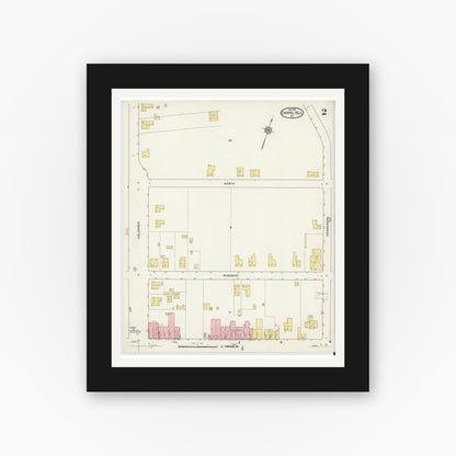 Old map wall art mockup — black gallery frame with white mat — Sanborn Fire Insurance Map from Chapel Hill, Orange County, North Carolina (1915), Sheet #0002