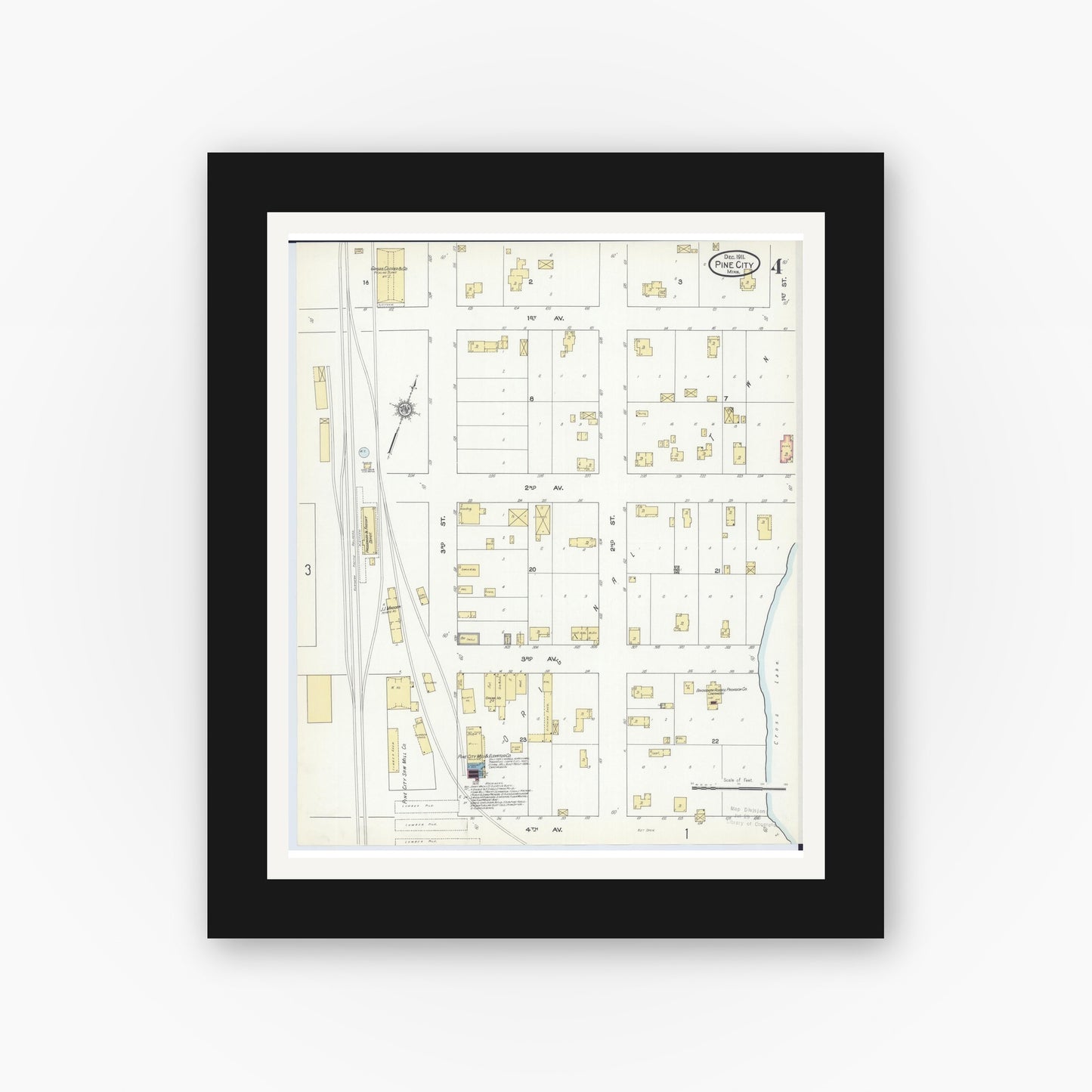 Old map wall art mockup — black gallery frame with white mat — Sanborn Fire Insurance Map from Pine City, Pine County, Minnesota (1911), Sheet #0004