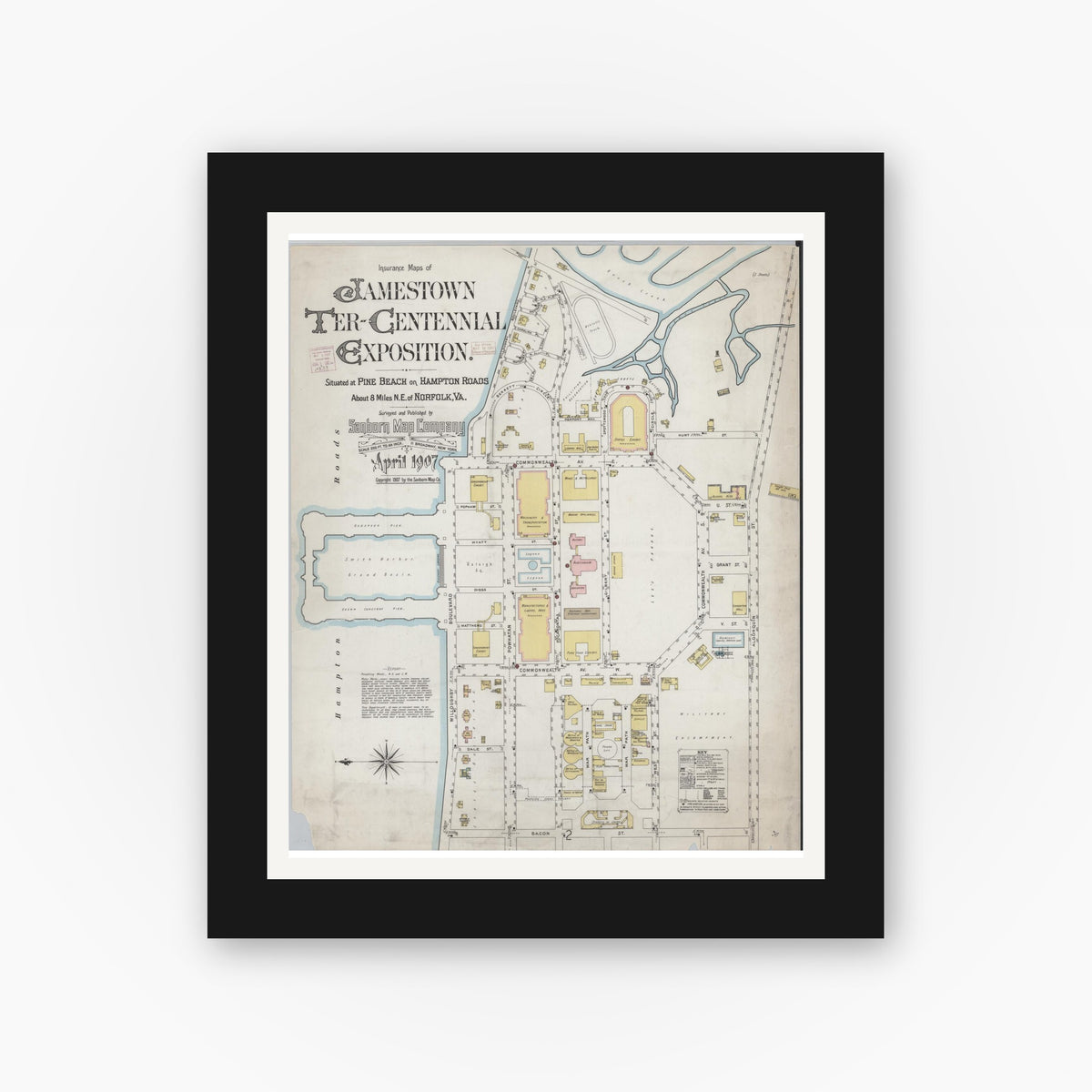 Old map wall art mockup — black gallery frame with white mat — Sanborn Fire Insurance Map from Norfolk, Independent Cities, Virginia (1907) - Complete Map Set