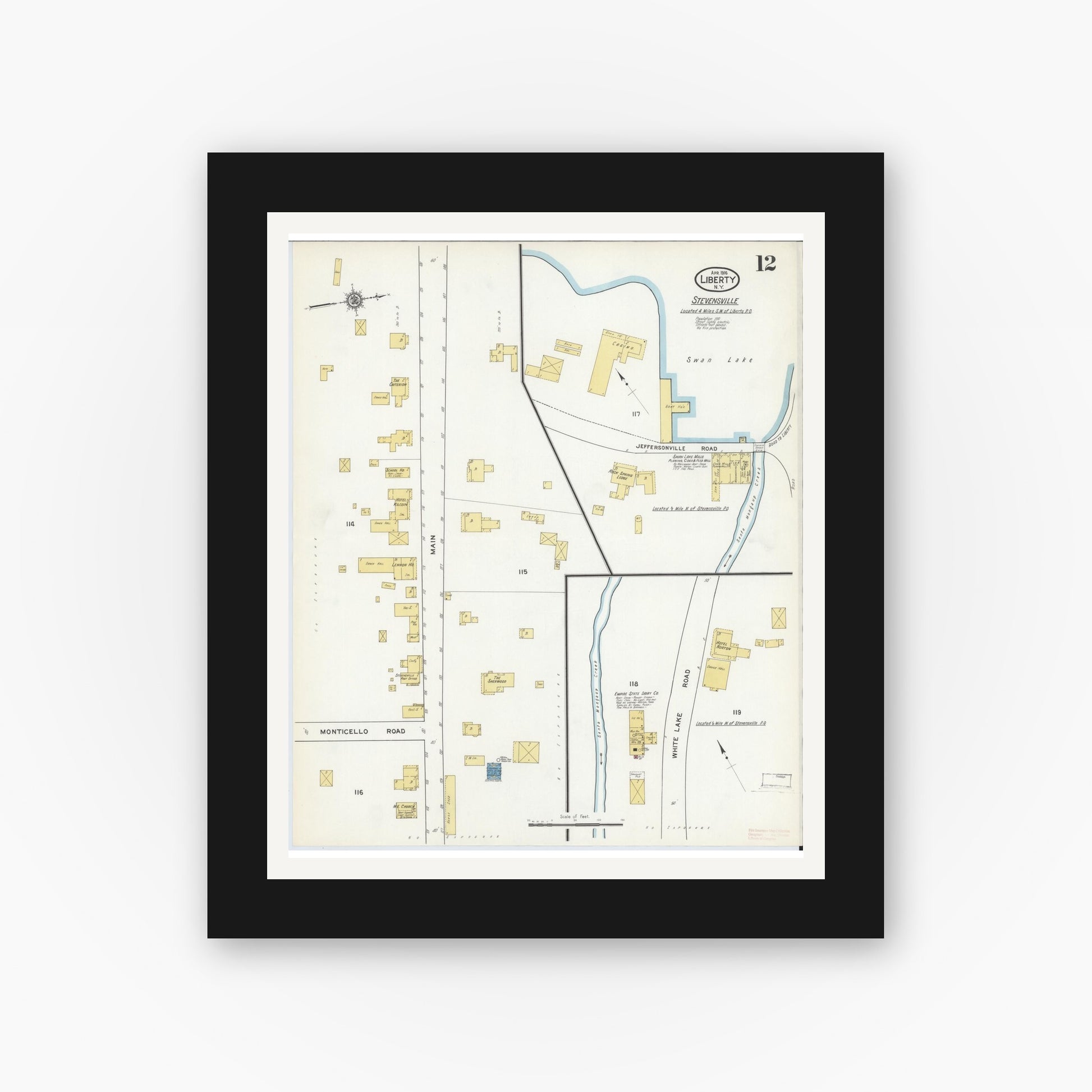Old map wall art mockup — black gallery frame with white mat — Sanborn Fire Insurance Map from Liberty, Sullivan County, New York (1916), Sheet #0012
