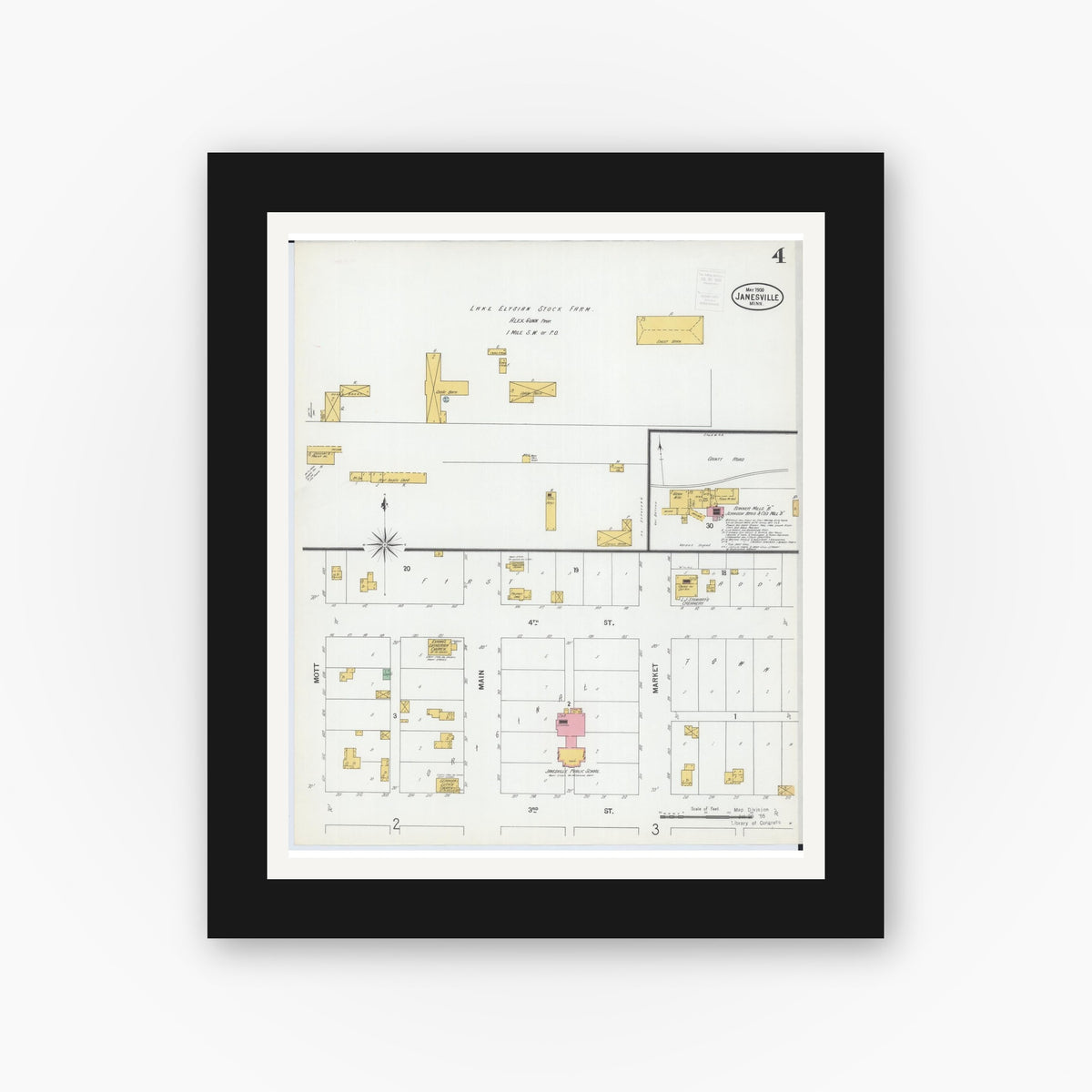 Old map wall art mockup — black gallery frame with white mat — Sanborn Fire Insurance Map from Janesville, Waseca County, Minnesota (1900), Sheet #0004