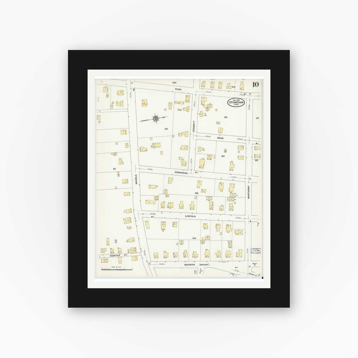 Old map wall art mockup — black gallery frame with white mat — Sanborn Fire Insurance Map from Stoneham, Middlesex County, Massachusetts (1909), Sheet #0010
