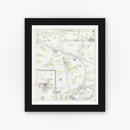 Old map wall art mockup — black gallery frame with white mat — Sanborn Fire Insurance Map from Canton, Norfolk County, Massachusetts (1891), Sheet #0003