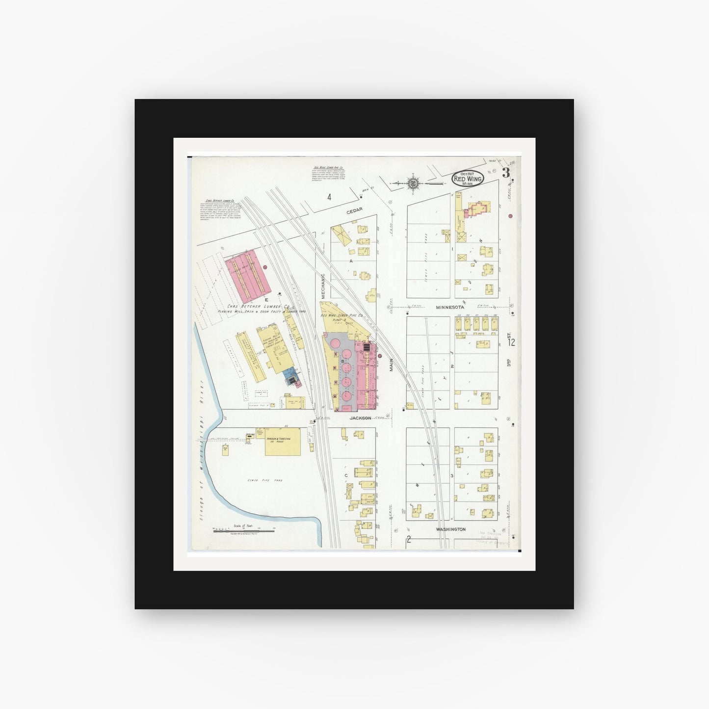 Old map wall art mockup — black gallery frame with white mat — Sanborn Fire Insurance Map from Red Wing, Goodhue County, Minnesota (1917), Sheet #0003