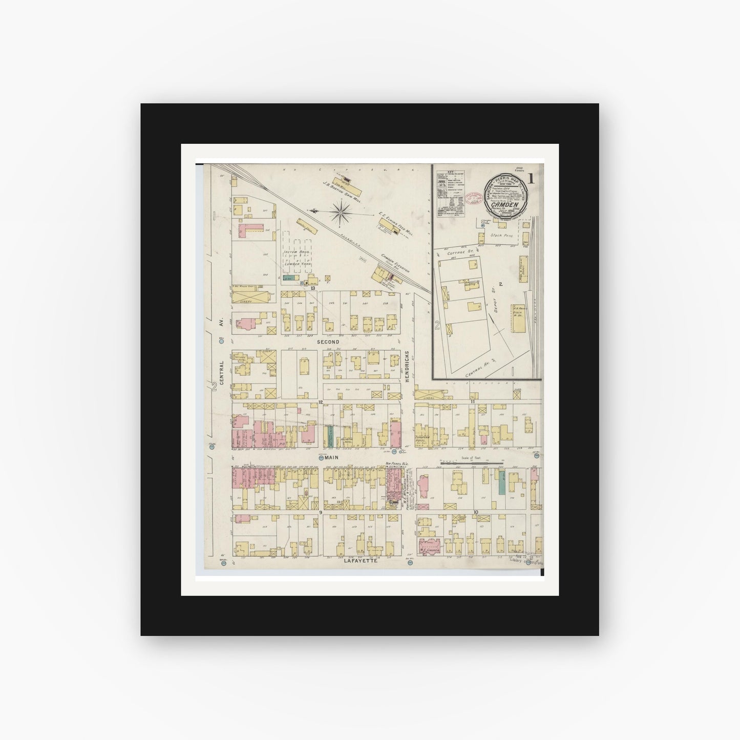Old map wall art mockup — black gallery frame with white mat — Sanborn Fire Insurance Map from Camden, Preble County, Ohio (1895), Sheet #0001