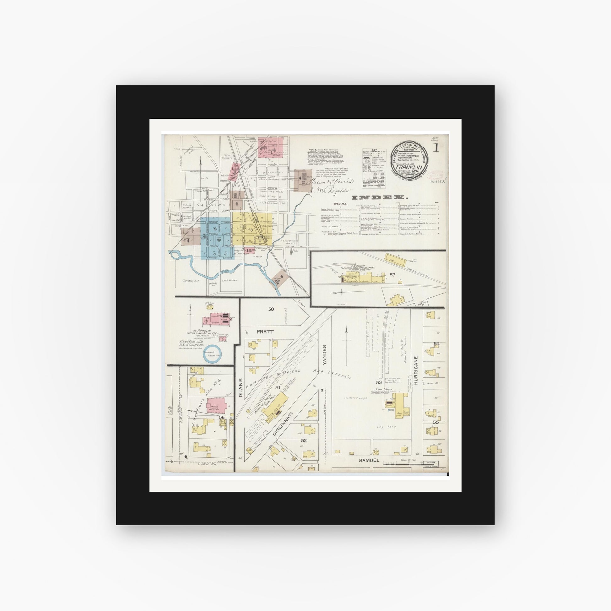 Old map wall art mockup — black gallery frame with white mat — Sanborn Fire Insurance Map from Franklin, Johnson County, Indiana (1892) - Complete Map Set