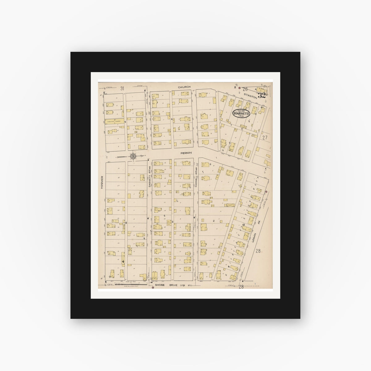 Old map wall art mockup — black gallery frame with white mat — Sanborn Fire Insurance Map from Marinette, Marinette County, Wisconsin (1921), Sheet #0032