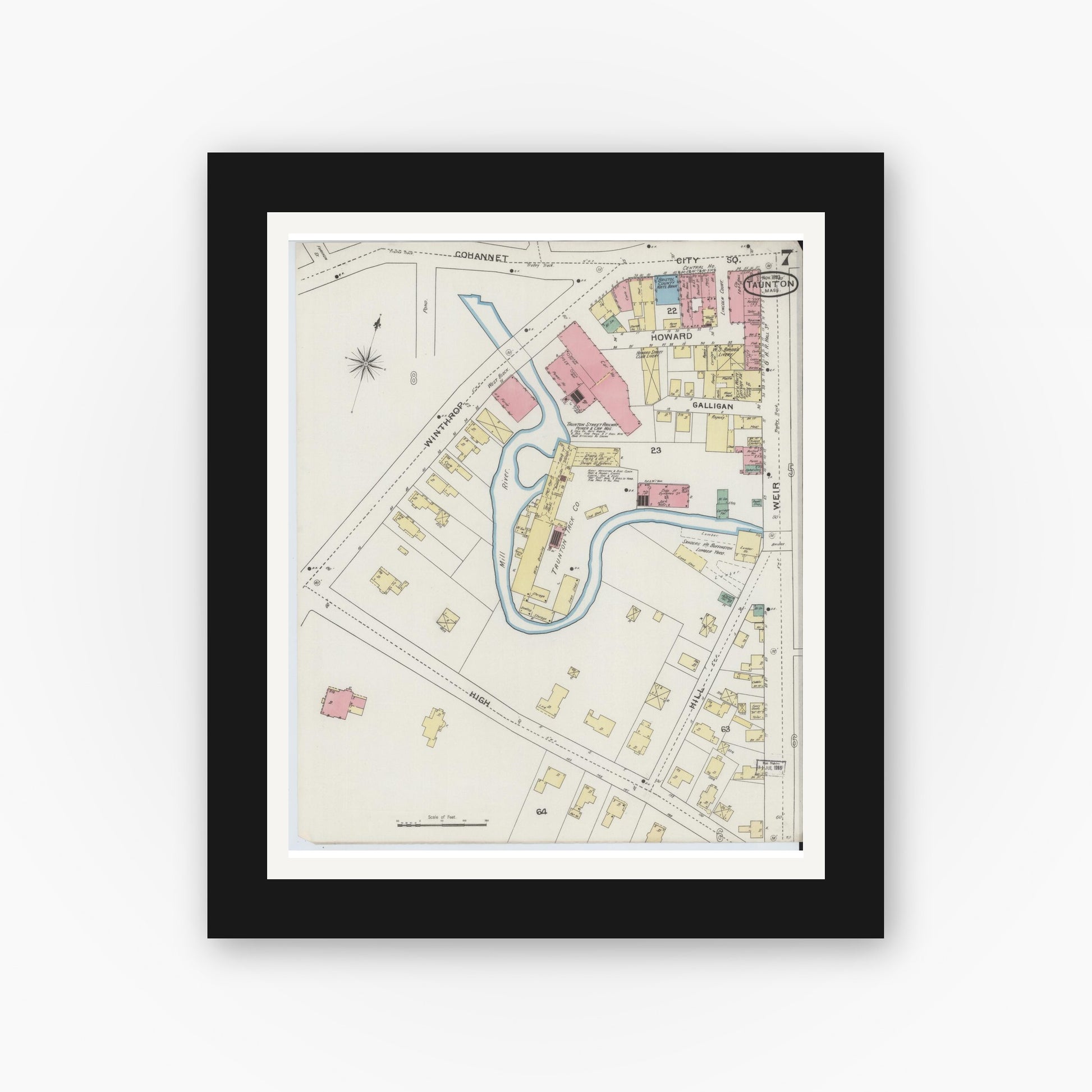 Old map wall art mockup — black gallery frame with white mat — Sanborn Fire Insurance Map from Taunton, Bristol County, Massachusetts (1893), Sheet #0007