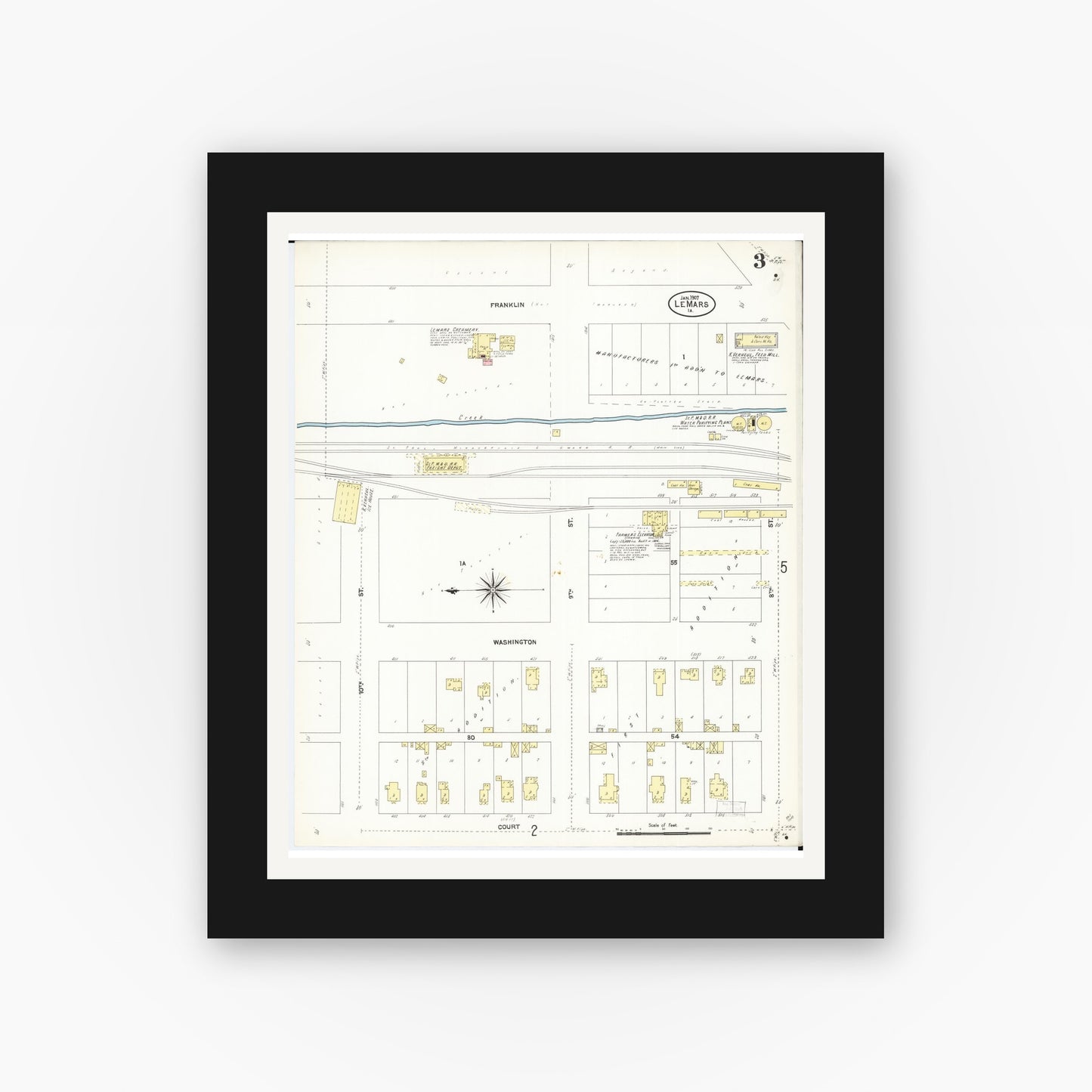 Old map wall art mockup — black gallery frame with white mat — Sanborn Fire Insurance Map from Le Mars, Plymouth County, Iowa (1907), Sheet #0003