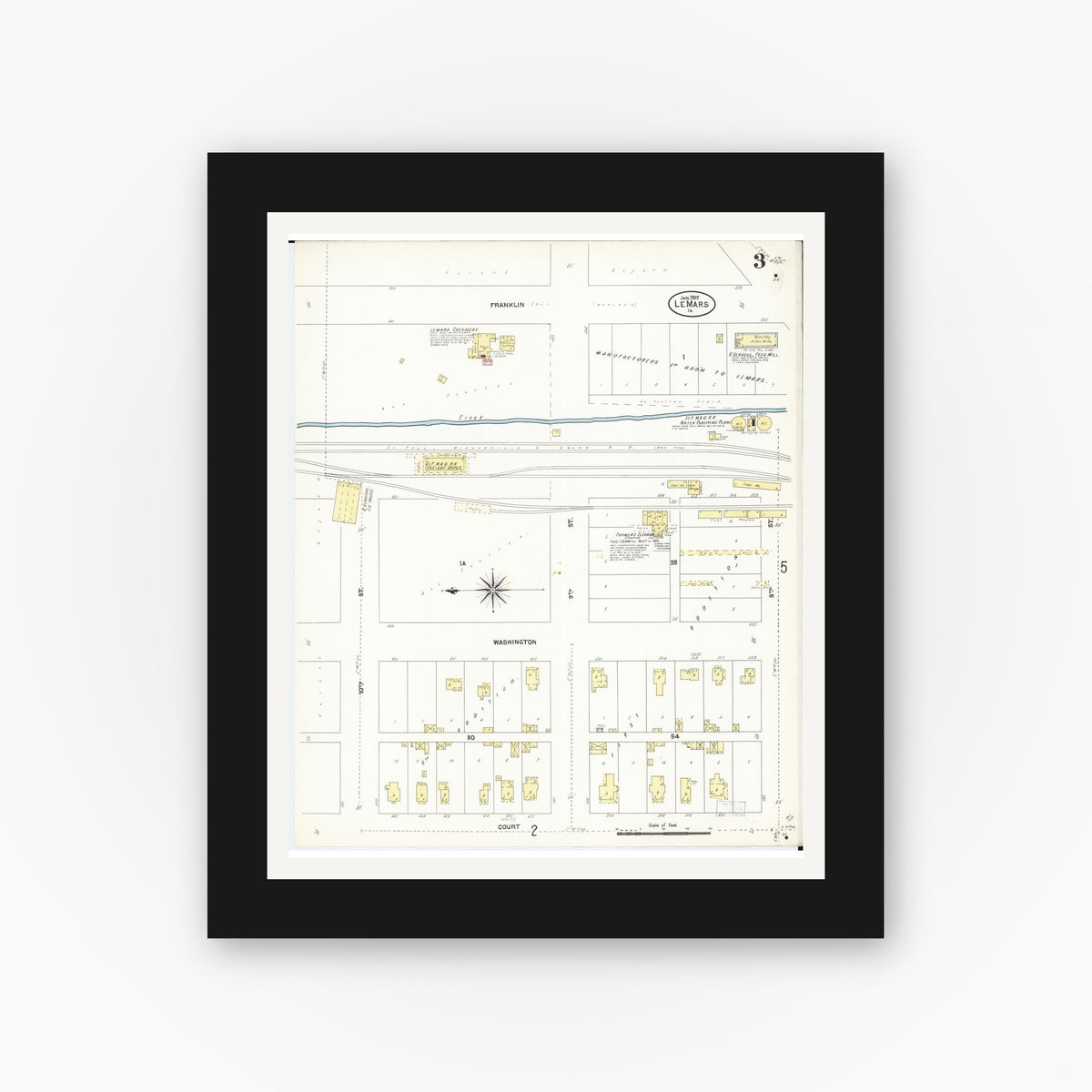 Old map wall art mockup — black gallery frame with white mat — Sanborn Fire Insurance Map from Le Mars, Plymouth County, Iowa (1907), Sheet #0003