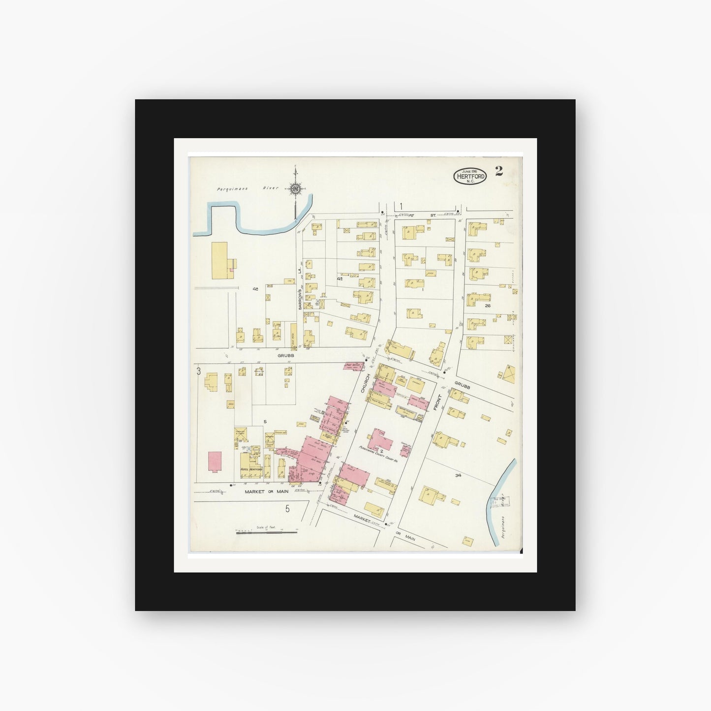Old map wall art mockup — black gallery frame with white mat — Sanborn Fire Insurance Map from Hertford, Perquimans County, North Carolina (1916), Sheet #0002