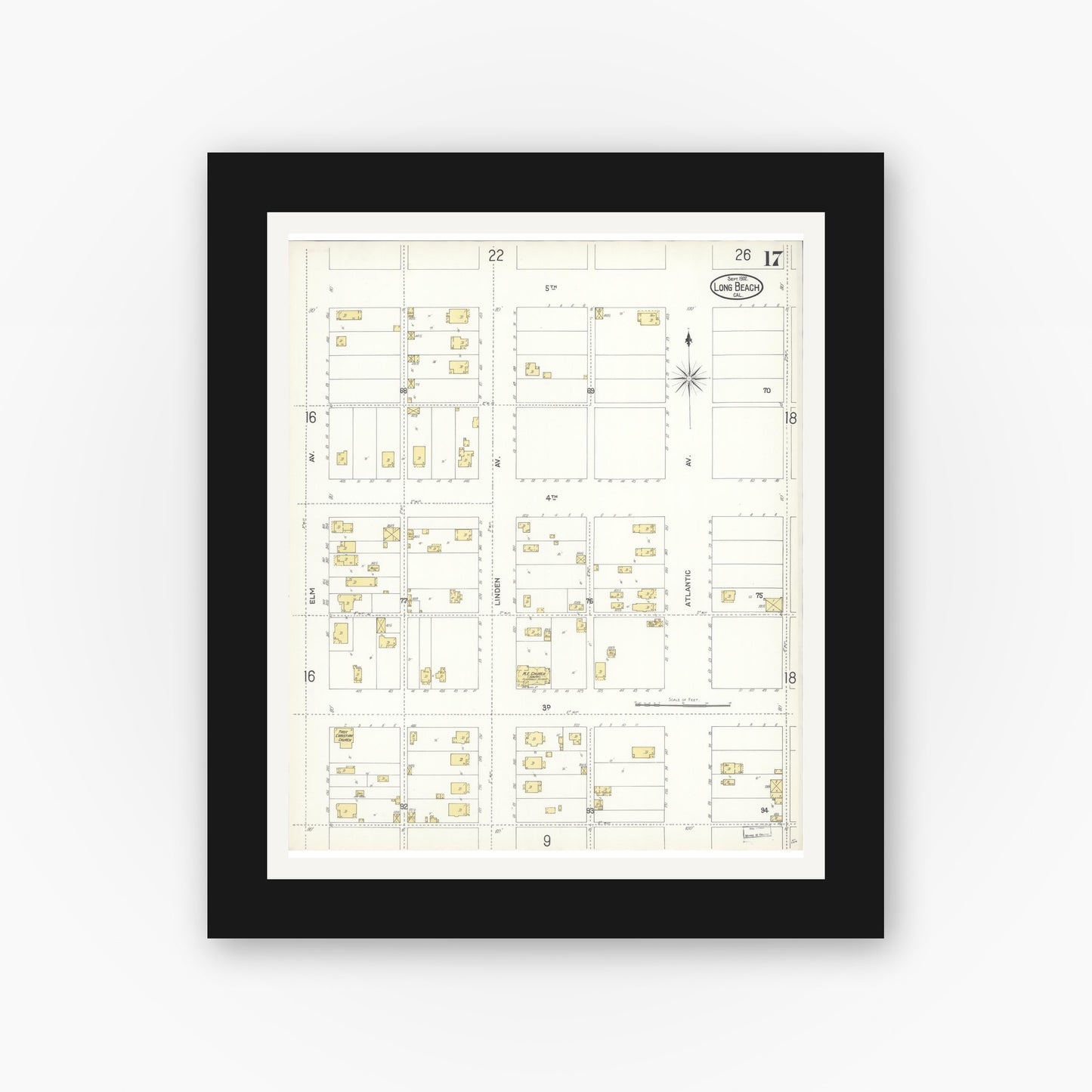 Old map wall art mockup — black gallery frame with white mat — Sanborn Fire Insurance Map from Long Beach, Los Angeles County, California (1902), Sheet #0017