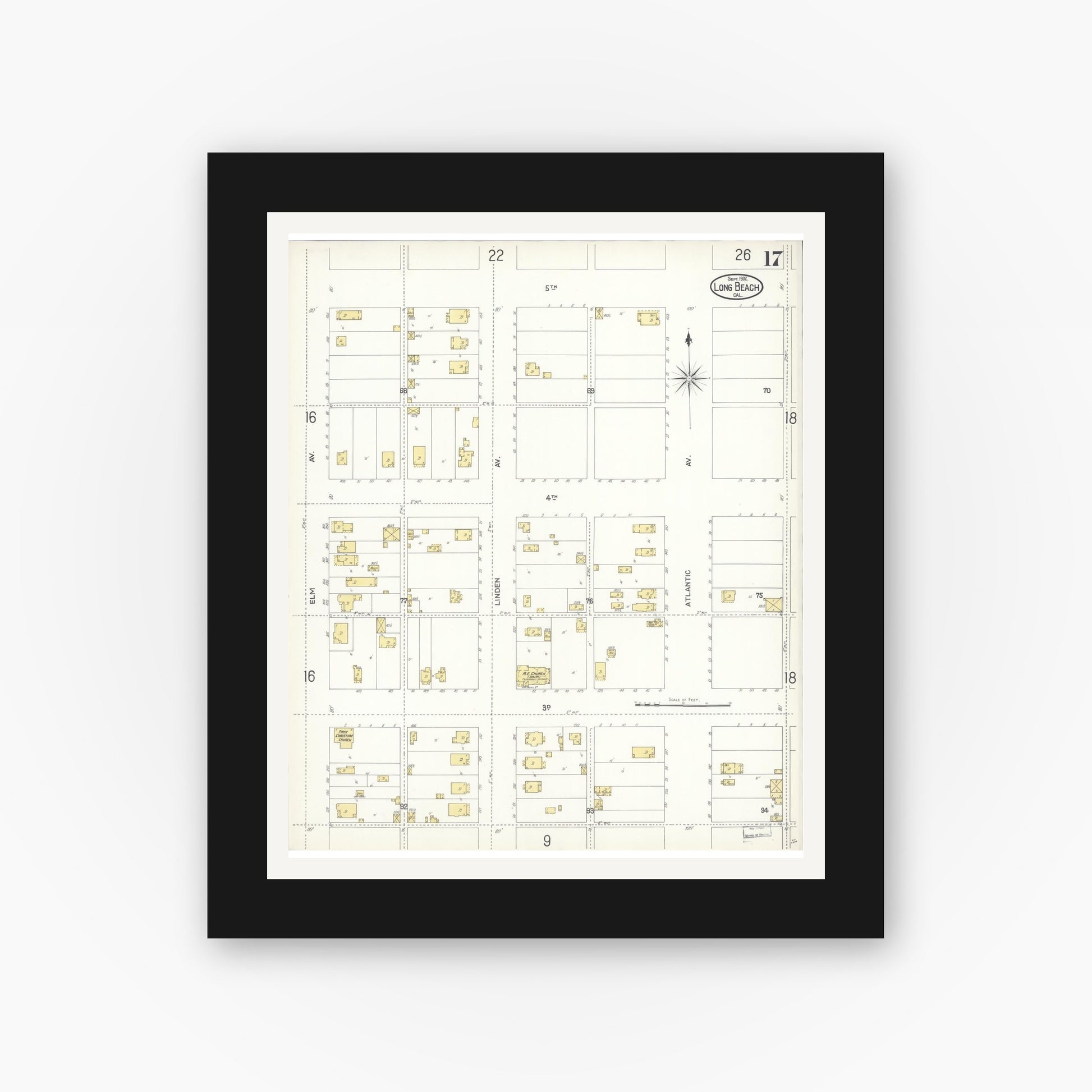 Old map wall art mockup — black gallery frame with white mat — Sanborn Fire Insurance Map from Long Beach, Los Angeles County, California (1902), Sheet #0017