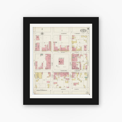 Old map wall art mockup — black gallery frame with white mat — Sanborn Fire Insurance Map from Princeton, Gibson County, Indiana (1895), Sheet #0006