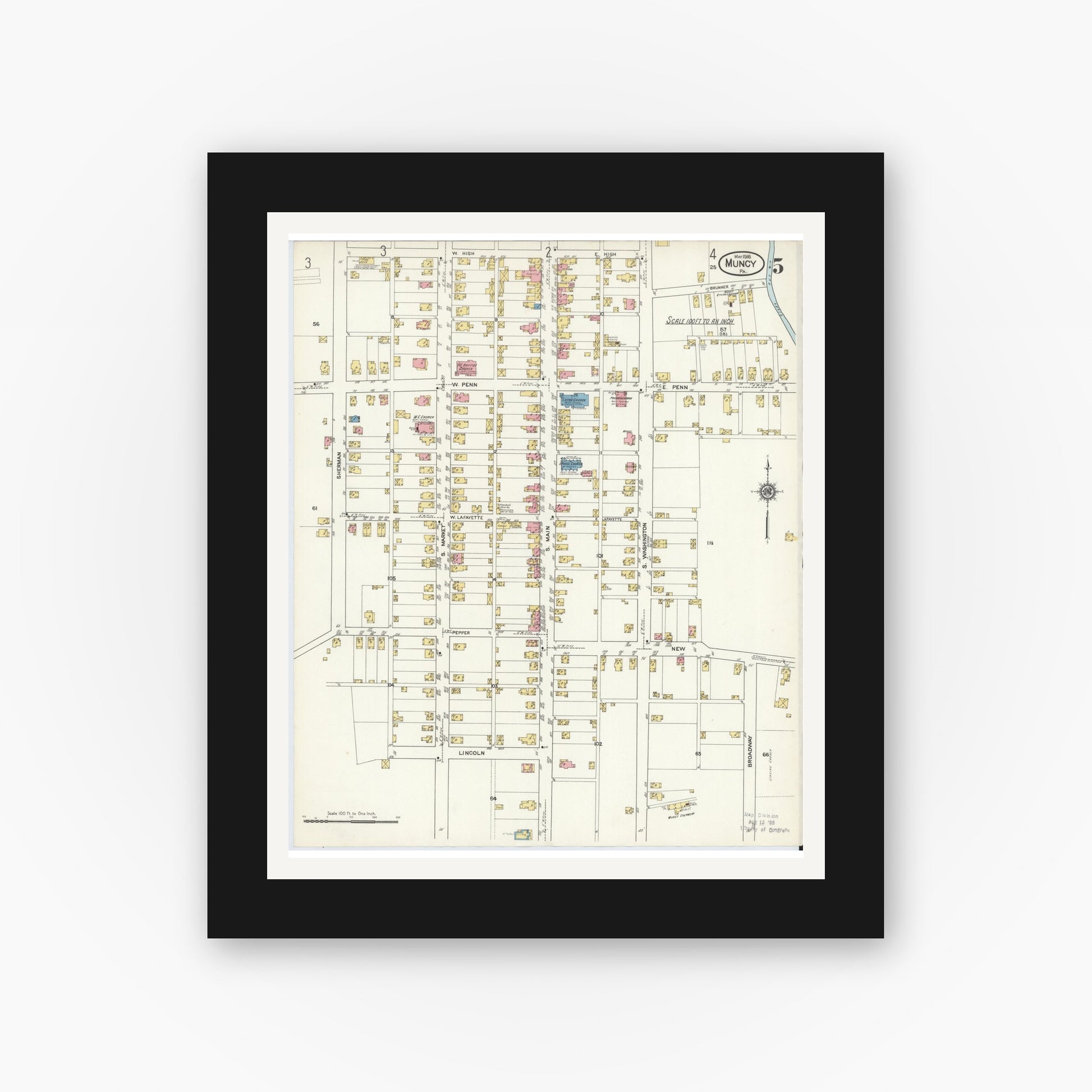 Old map wall art mockup — black gallery frame with white mat — Sanborn Fire Insurance Map from Muncy, Lycoming County, Pennsylvania (1916), Sheet #0005