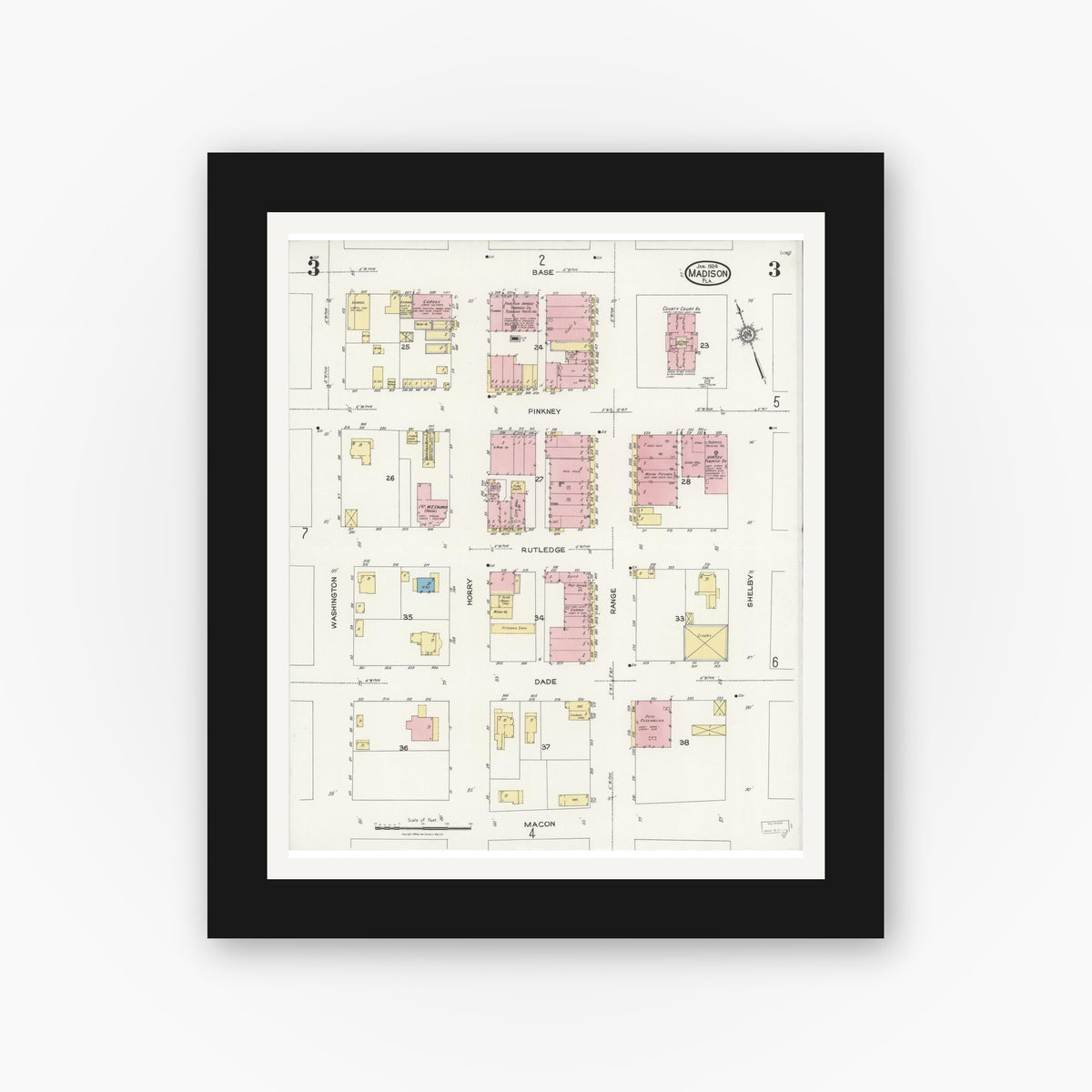 Old map wall art mockup — black gallery frame with white mat — Sanborn Fire Insurance Map from Madison, Madison County, Florida (1924), Sheet #0003