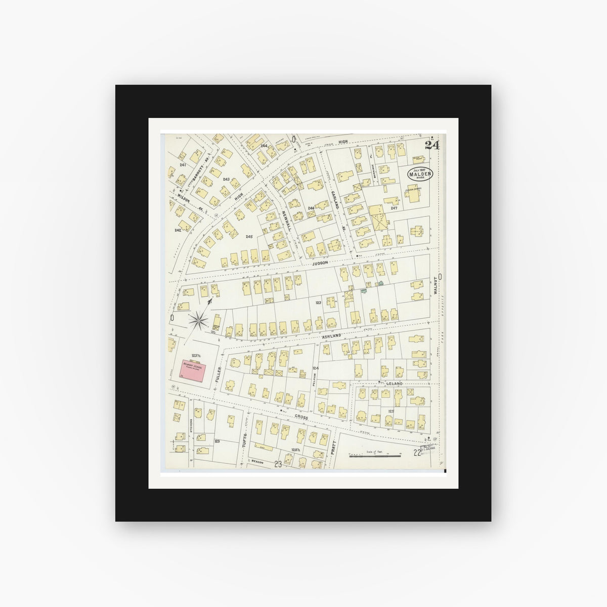 Old map wall art mockup — black gallery frame with white mat — Sanborn Fire Insurance Map from Malden, Middlesex County, Massachusetts (1897), Sheet #0024