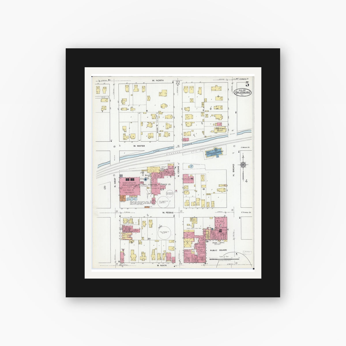 Old map wall art mockup — black gallery frame with white mat — Sanborn Fire Insurance Map from Galesburg, Knox County, Illinois (1918), Sheet #0005
