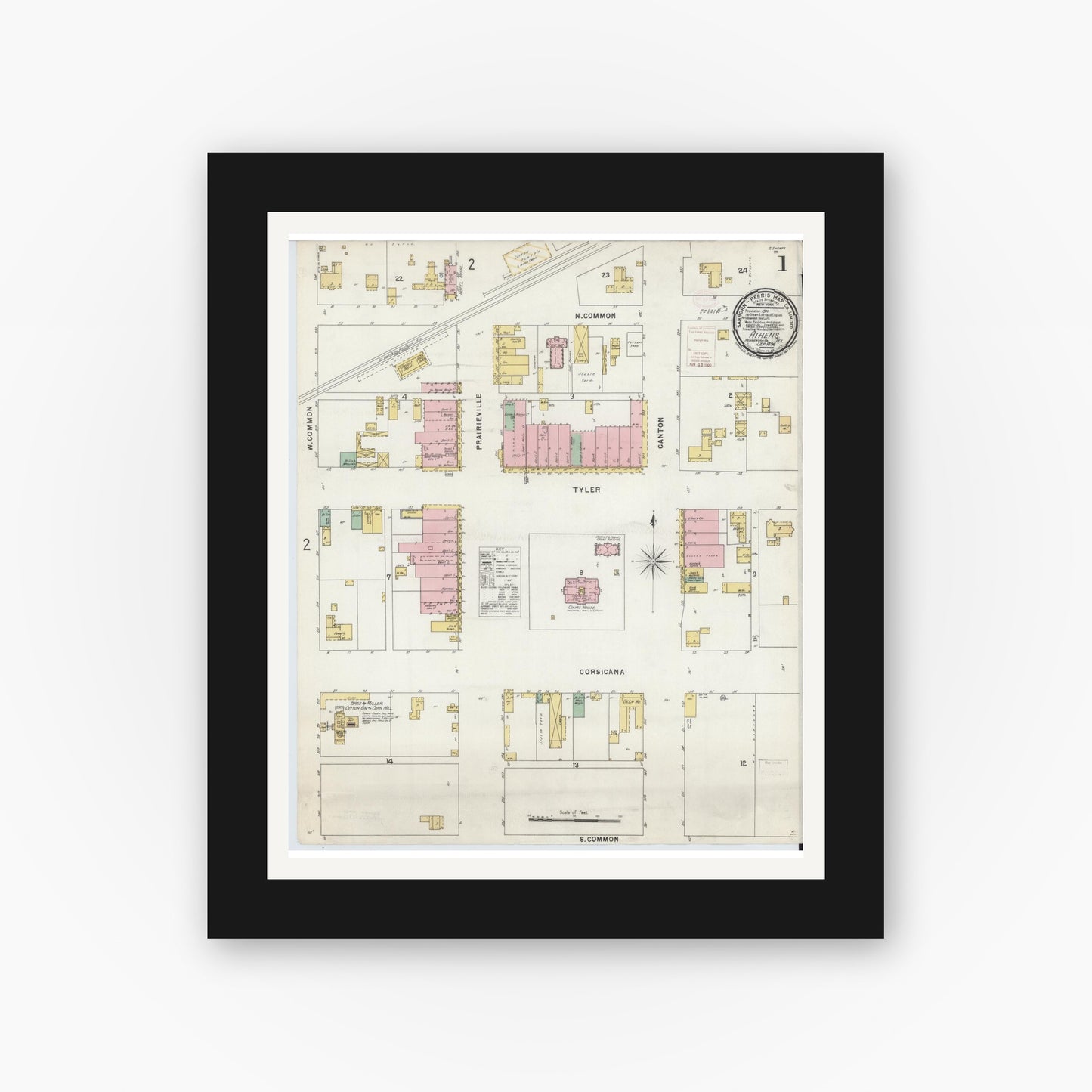 Old map wall art mockup — black gallery frame with white mat — Sanborn Fire Insurance Map from Athens, Henderson County, Texas (1896) - Complete Map Set