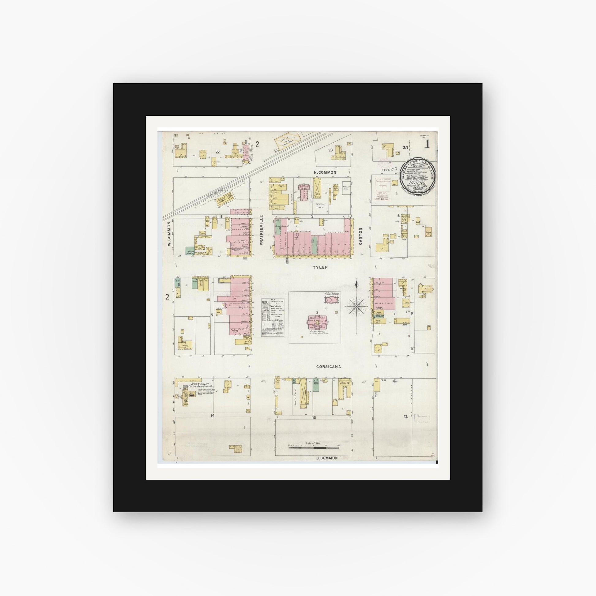 Old map wall art mockup — black gallery frame with white mat — Sanborn Fire Insurance Map from Athens, Henderson County, Texas (1896) - Complete Map Set