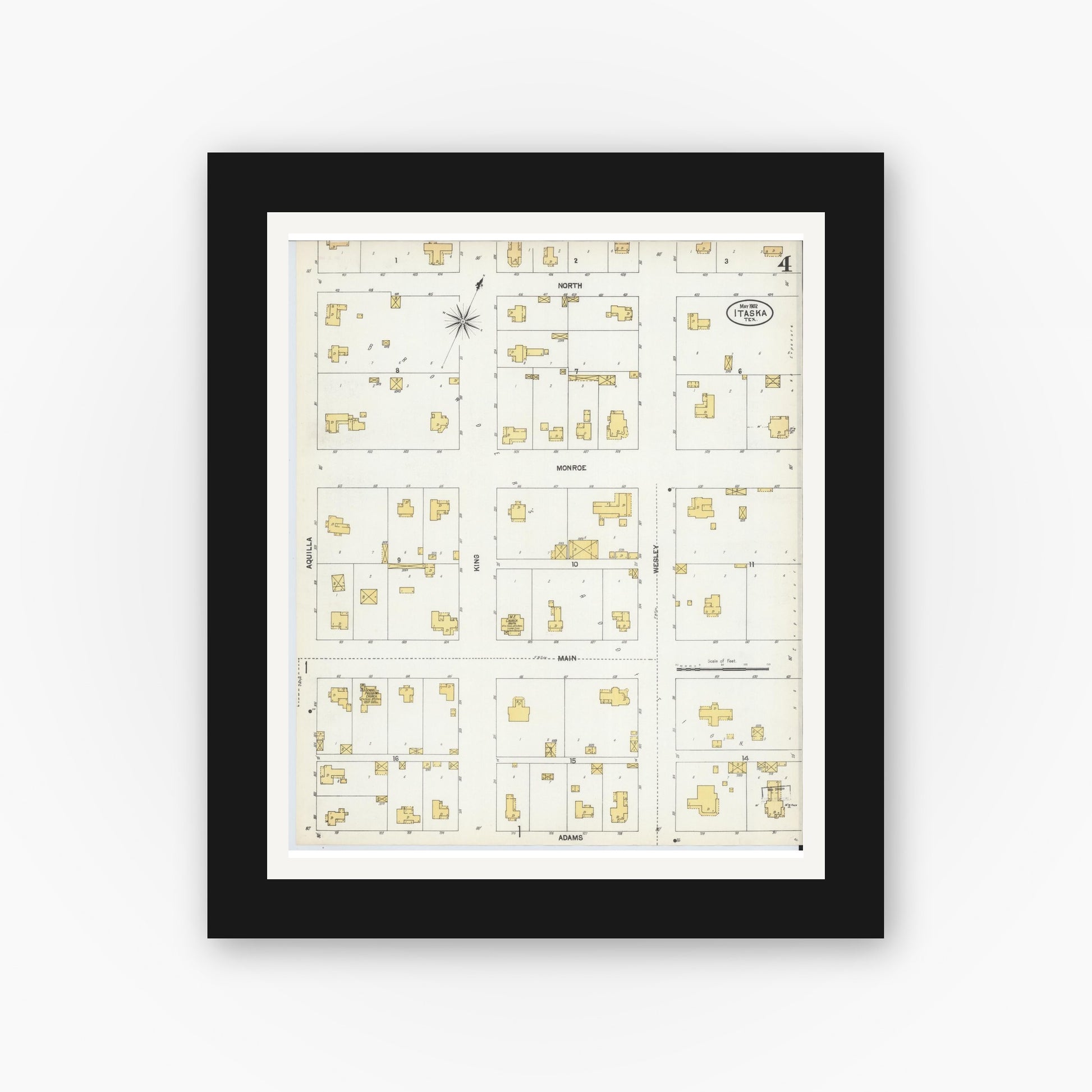 Old map wall art mockup — black gallery frame with white mat — Sanborn Fire Insurance Map from Itasca, Hill County, Texas (1902), Sheet #0004