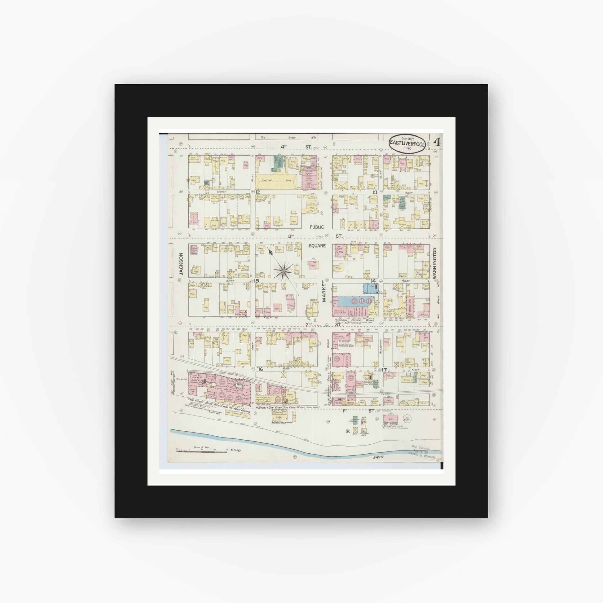 Old map wall art mockup — black gallery frame with white mat — Sanborn Fire Insurance Map from East Liverpool, Columbiana County, Ohio (1887), Sheet #0004