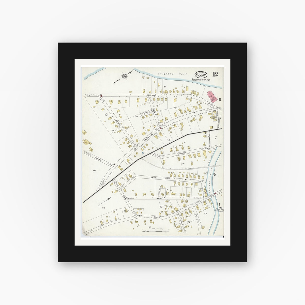 Old map wall art mockup — black gallery frame with white mat — Sanborn Fire Insurance Map from Hudson, Middlesex County, Massachusetts (1916), Sheet #0012