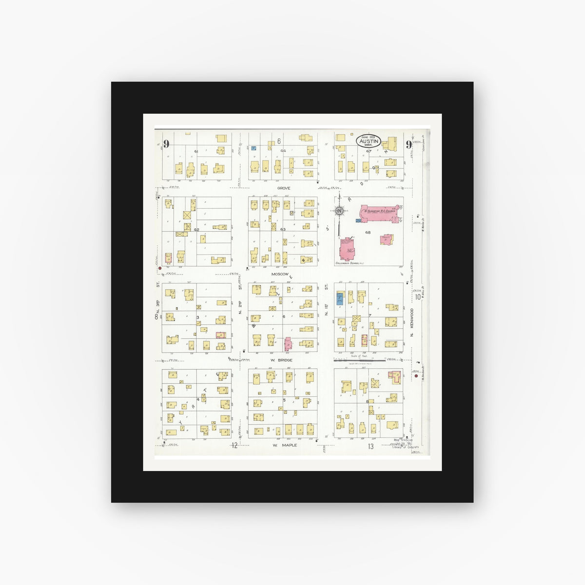 Old map wall art mockup — black gallery frame with white mat — Sanborn Fire Insurance Map from Austin, Mower County, Minnesota (1926), Sheet #0009