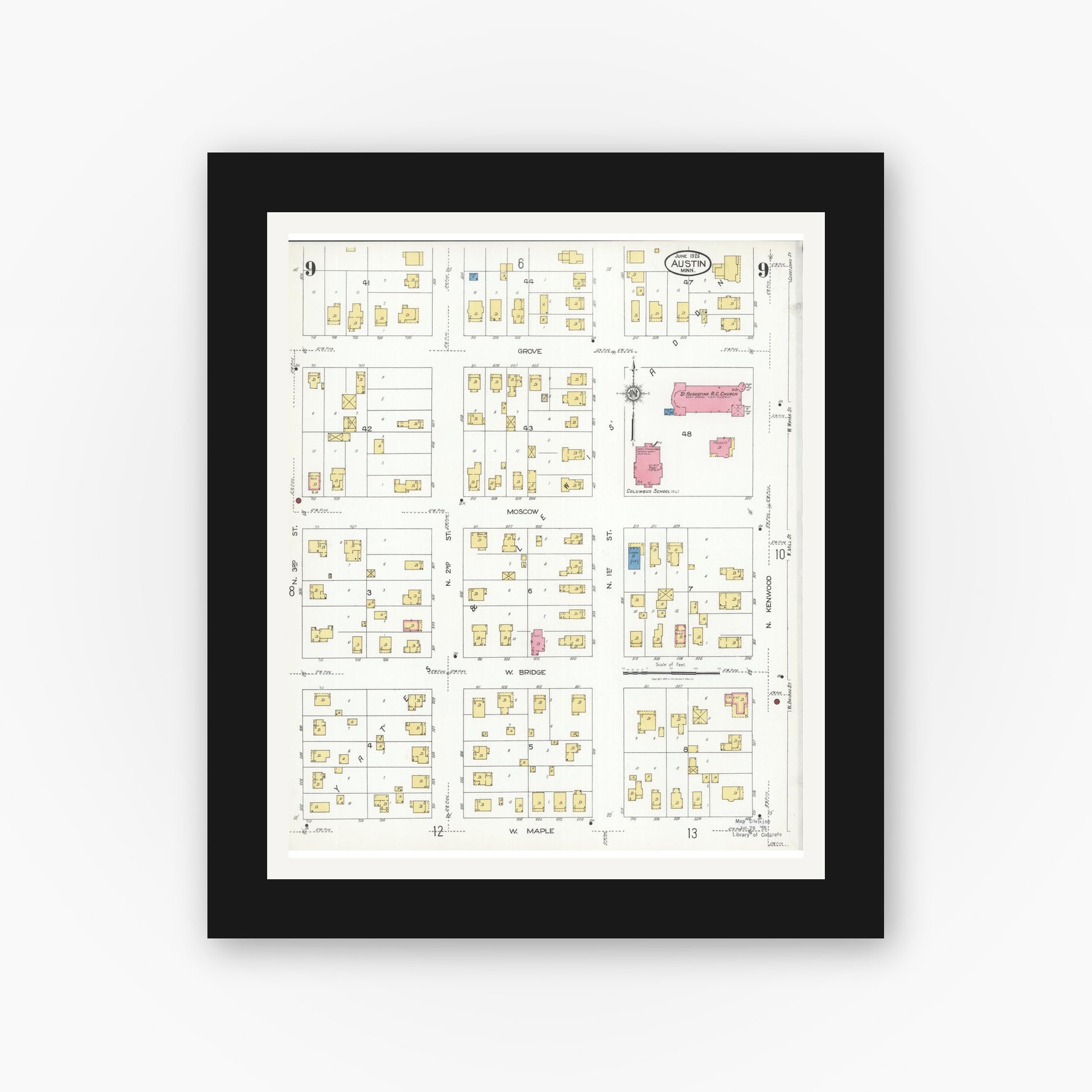 Old map wall art mockup — black gallery frame with white mat — Sanborn Fire Insurance Map from Austin, Mower County, Minnesota (1926), Sheet #0009