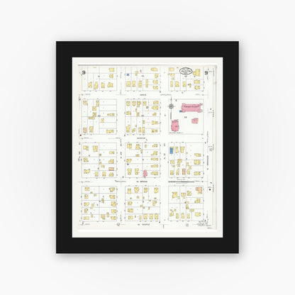 Old map wall art mockup — black gallery frame with white mat — Sanborn Fire Insurance Map from Austin, Mower County, Minnesota (1926), Sheet #0009