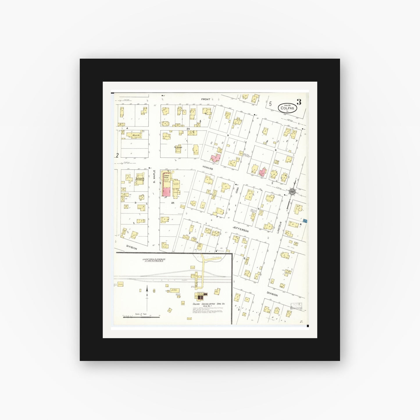 Old map wall art mockup — black gallery frame with white mat — Sanborn Fire Insurance Map from Colfax, Jasper County, Iowa (1911), Sheet #0003
