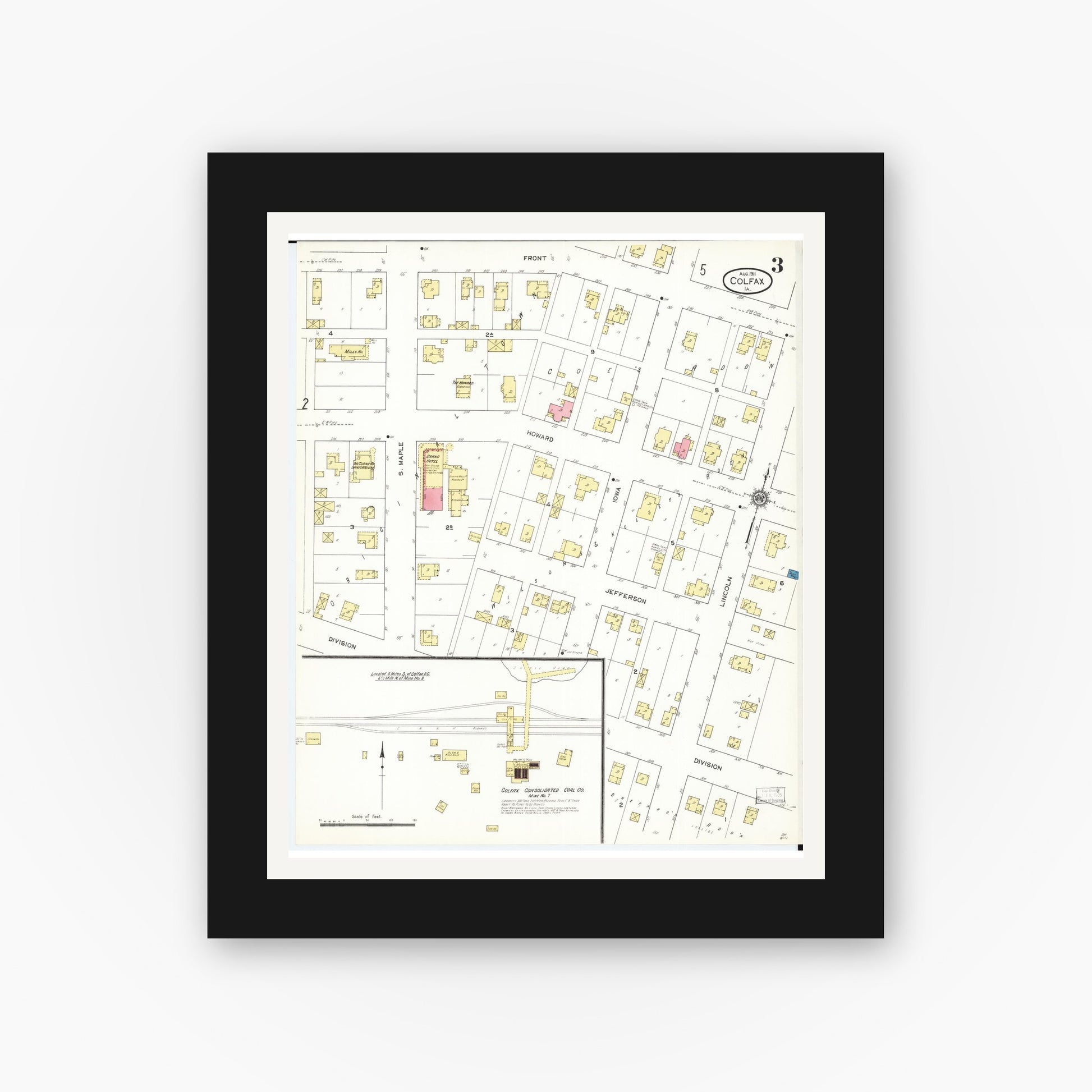 Old map wall art mockup — black gallery frame with white mat — Sanborn Fire Insurance Map from Colfax, Jasper County, Iowa (1911), Sheet #0003