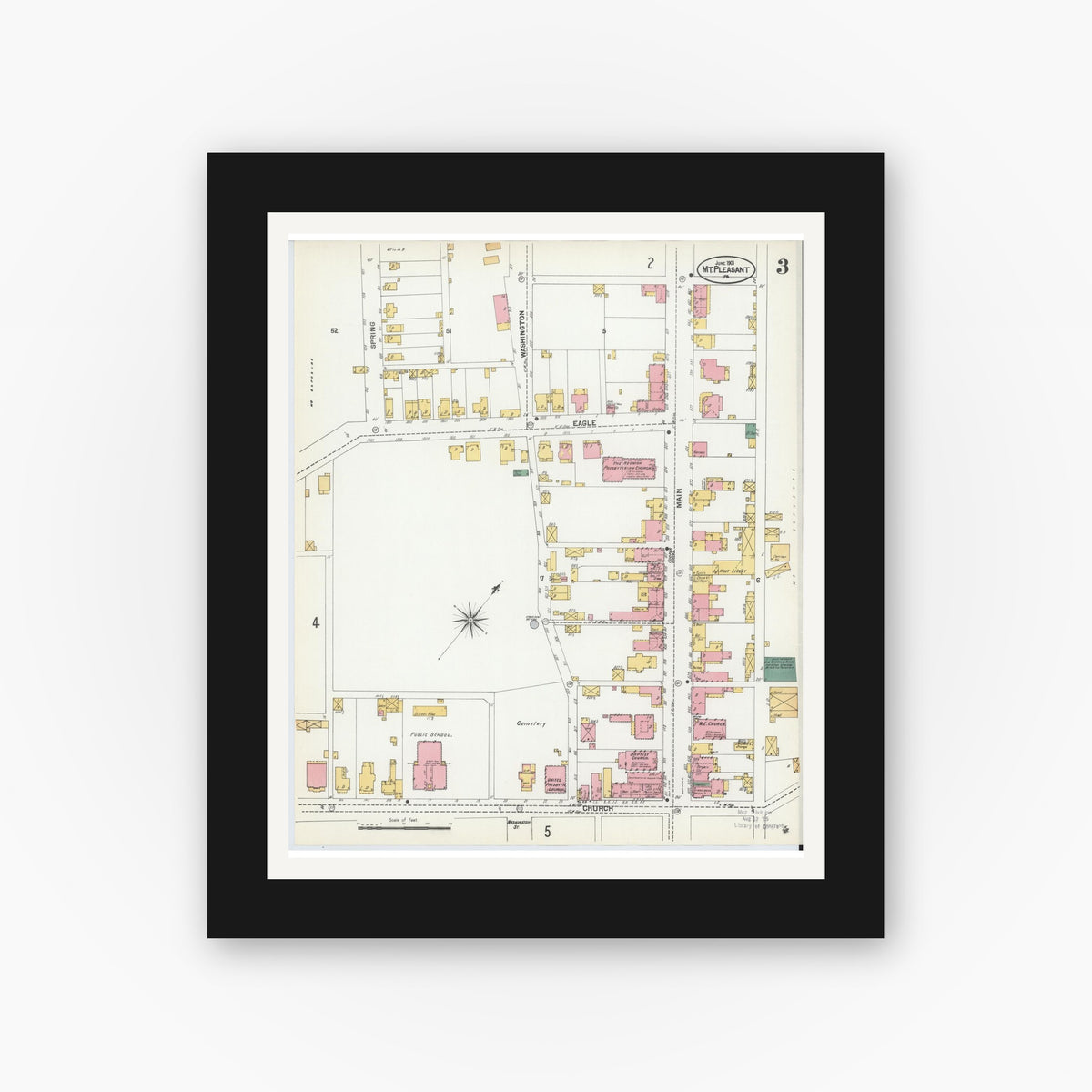 Old map wall art mockup — black gallery frame with white mat — Sanborn Fire Insurance Map from Mount Pleasant, Westmoreland County, Pennsylvania (1901), Sheet #0003