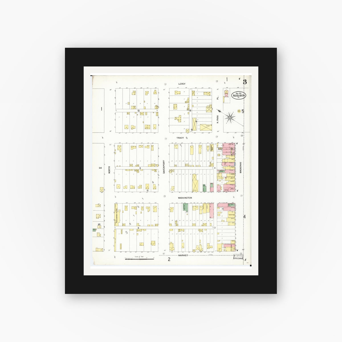 Old map wall art mockup — black gallery frame with white mat — Sanborn Fire Insurance Map from Audubon, Audubon County, Iowa (1901), Sheet #0003
