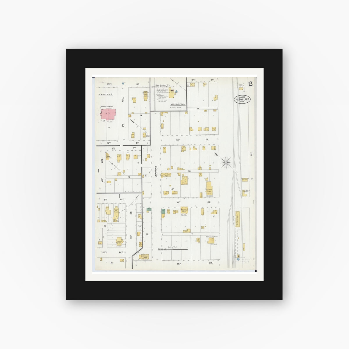 Old map wall art mockup — black gallery frame with white mat — Sanborn Fire Insurance Map from Heron Lake, Jackson County, Minnesota (1900), Sheet #0002