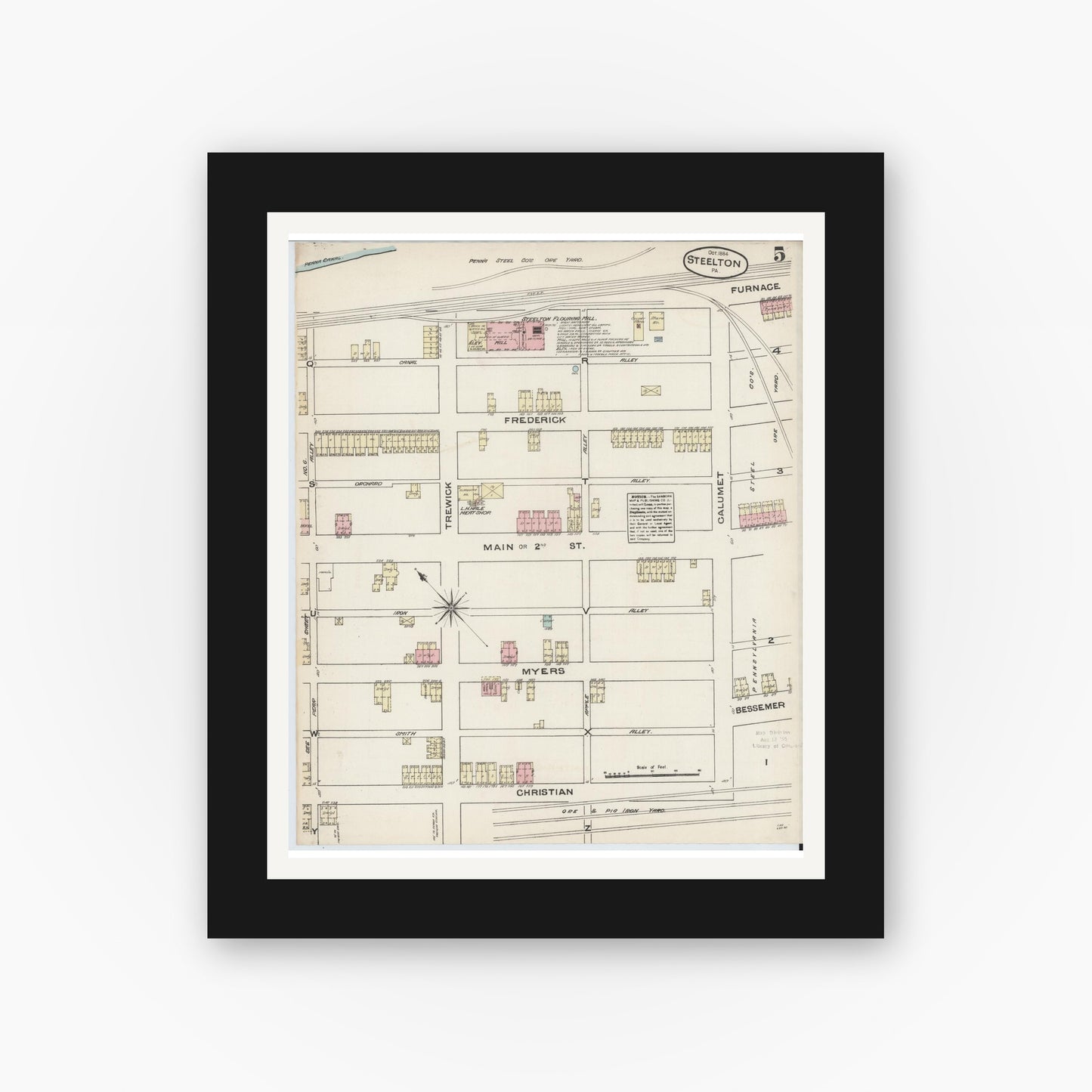 Old map wall art mockup — black gallery frame with white mat — Sanborn Fire Insurance Map from Steelton, Dauphin County, Pennsylvania (1884), Sheet #0005