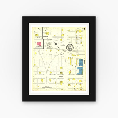 Old map wall art mockup — black gallery frame with white mat — Sanborn Fire Insurance Map from Alvord, Wise County, Texas (1911), Sheet #0001
