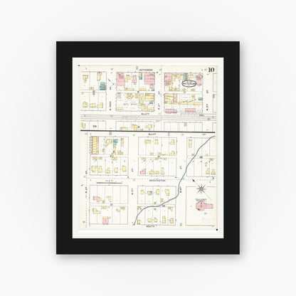 Old map wall art mockup — black gallery frame with white mat — Sanborn Fire Insurance Map from Waterloo, Black Hawk County, Iowa (1892), Sheet #0010