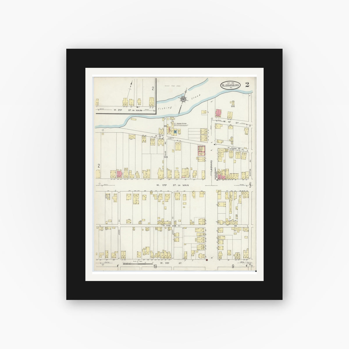 Old map wall art mockup — black gallery frame with white mat — Sanborn Fire Insurance Map from Bloomsburg, Columbia County, Pennsylvania (1913), Sheet #0002