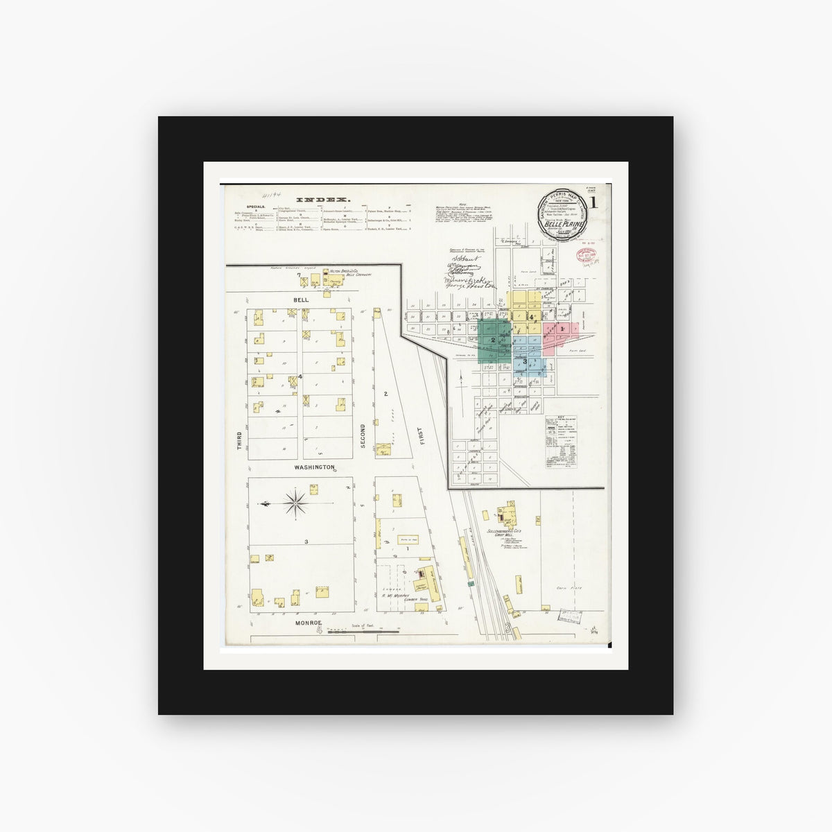 Old map wall art mockup — black gallery frame with white mat — Sanborn Fire Insurance Map from Belle Plaine, Benton County, Iowa (1895) â€” Complete Set
