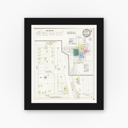 Old map wall art mockup — black gallery frame with white mat — Sanborn Fire Insurance Map from Belle Plaine, Benton County, Iowa (1895) â€” Complete Set