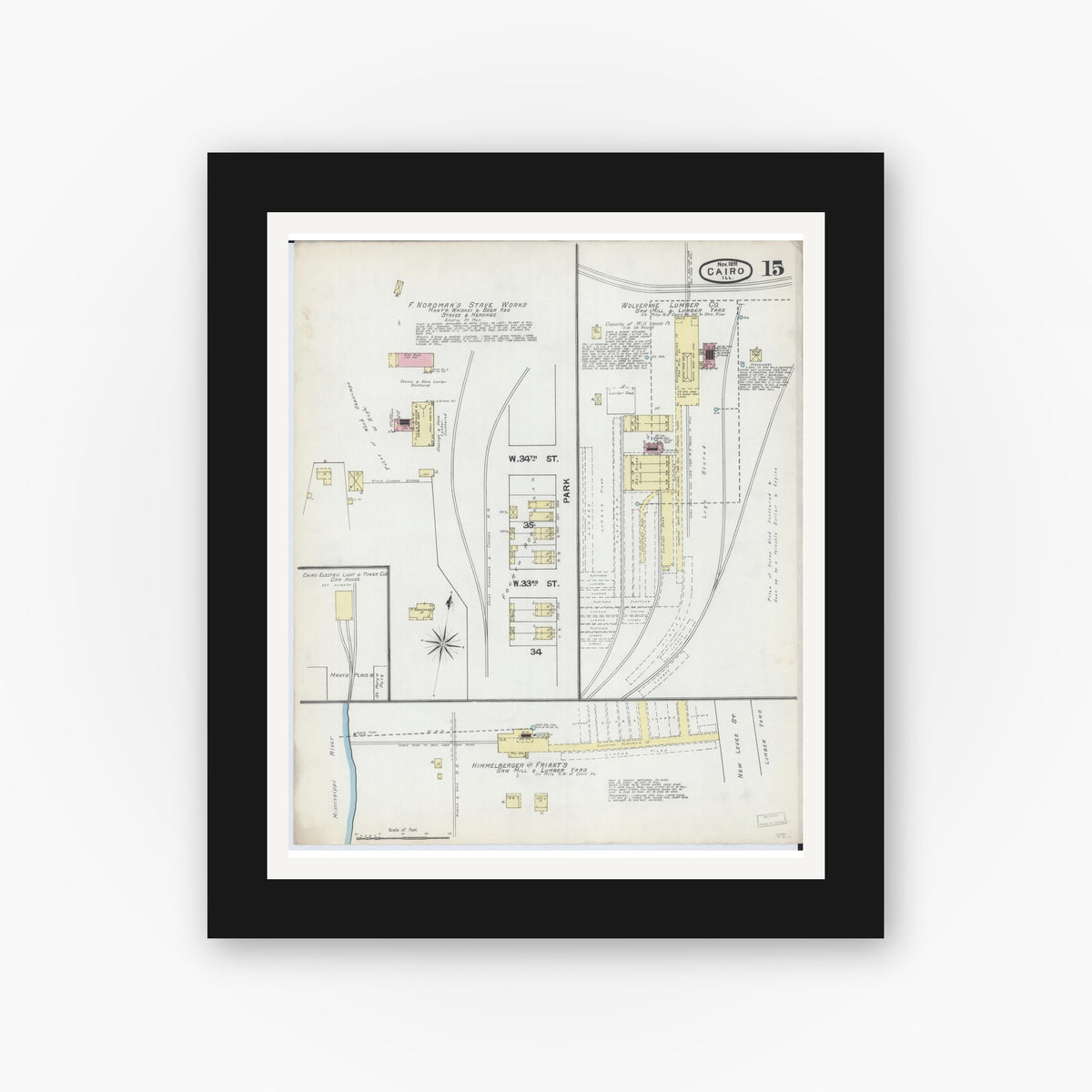 Old map wall art mockup — black gallery frame with white mat — Sanborn Fire Insurance Map from Cairo, Alexander County, Illinois (1891), Sheet #0015