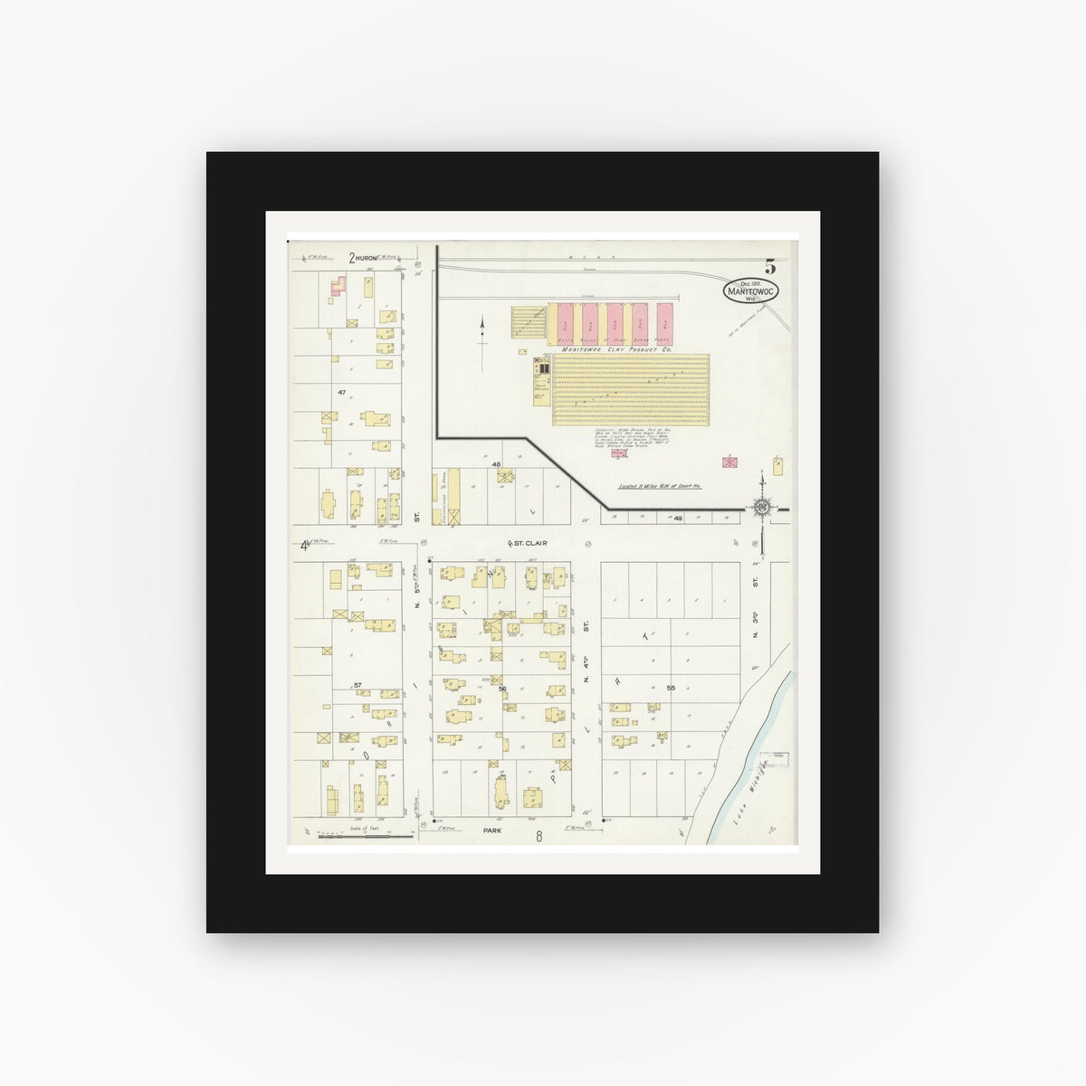 Old map wall art mockup — black gallery frame with white mat — Sanborn Fire Insurance Map from Manitowoc, Manitowoc County, Wisconsin (1912), Sheet #0005