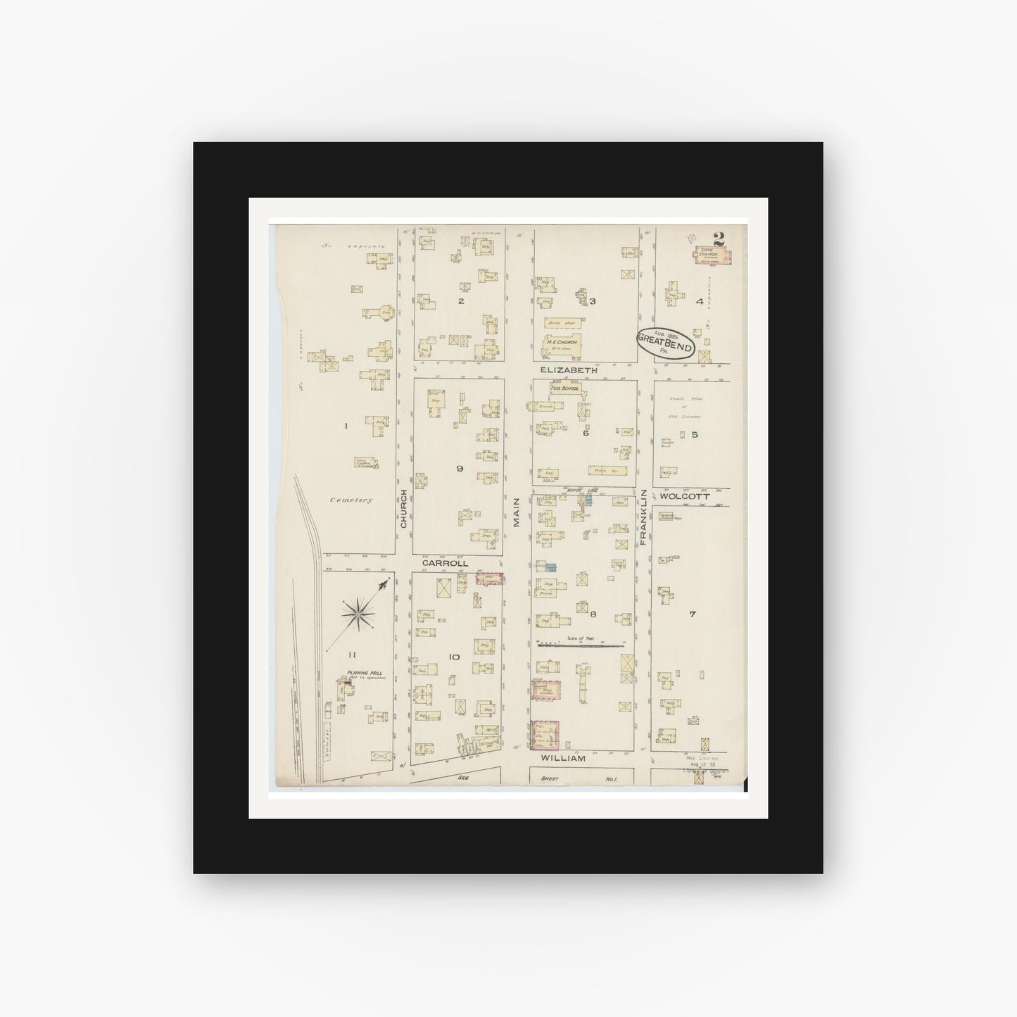 Old map wall art mockup — black gallery frame with white mat — Sanborn Fire Insurance Map from Great Bend, Susquehanna County, Pennsylvania (1885), Sheet #0002