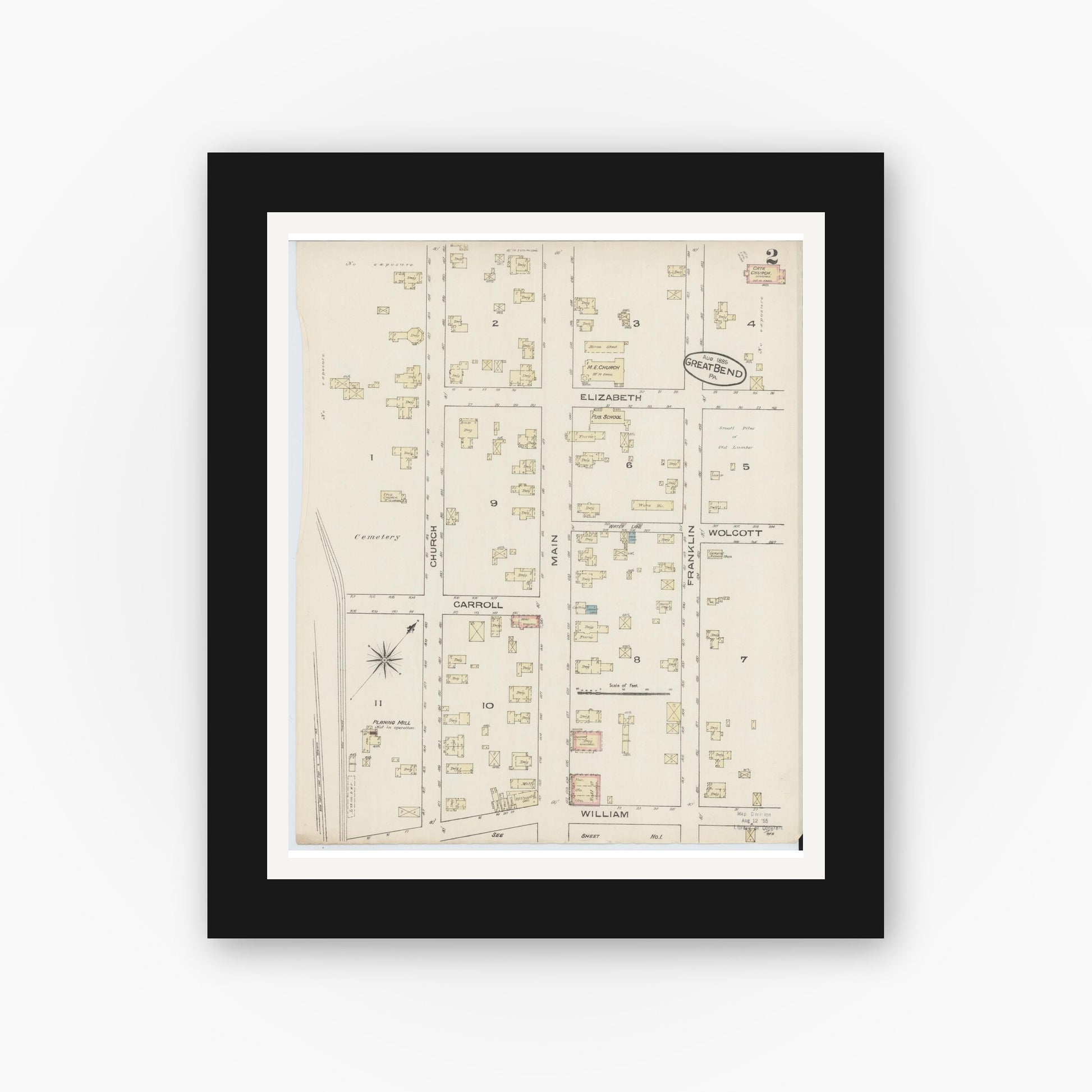 Old map wall art mockup — black gallery frame with white mat — Sanborn Fire Insurance Map from Great Bend, Susquehanna County, Pennsylvania (1885), Sheet #0002