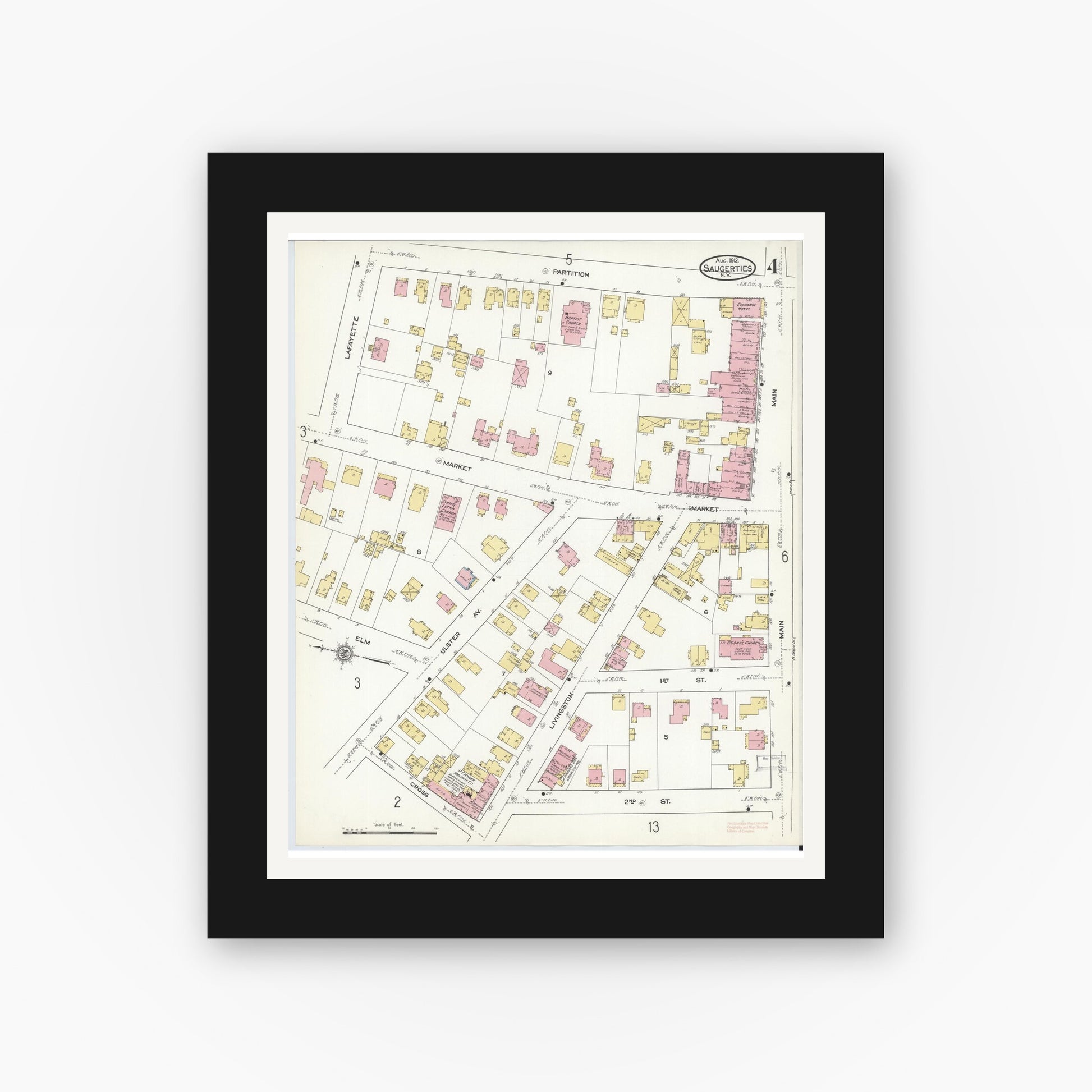 Old map wall art mockup — black gallery frame with white mat — Sanborn Fire Insurance Map from Saugerties, Ulster County, New York (1912), Sheet #0004