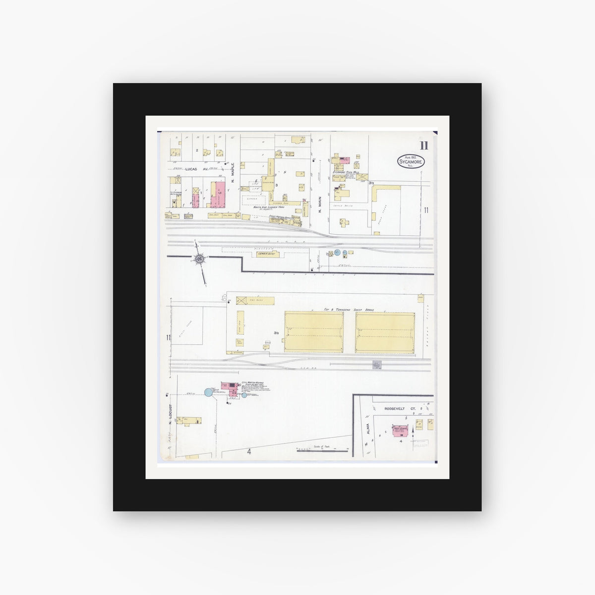 Old map wall art mockup — black gallery frame with white mat — Sanborn Fire Insurance Map from Sycamore, De Kalb County, Illinois (1912), Sheet #0011