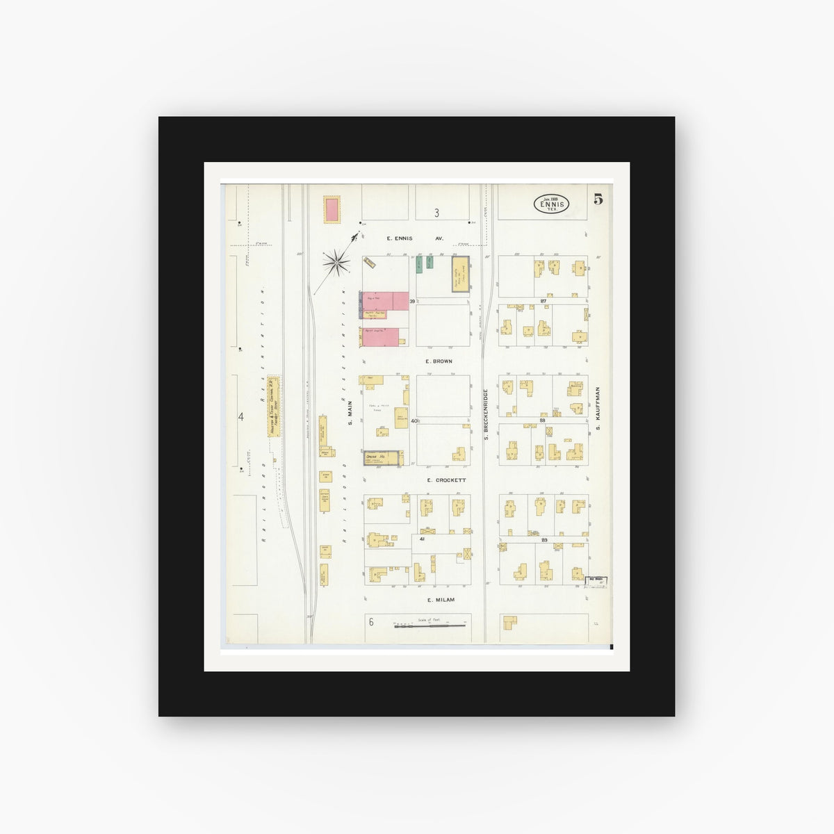 Old map wall art mockup — black gallery frame with white mat — Sanborn Fire Insurance Map from Ennis, Ellis County, Texas (1909), Sheet #0005